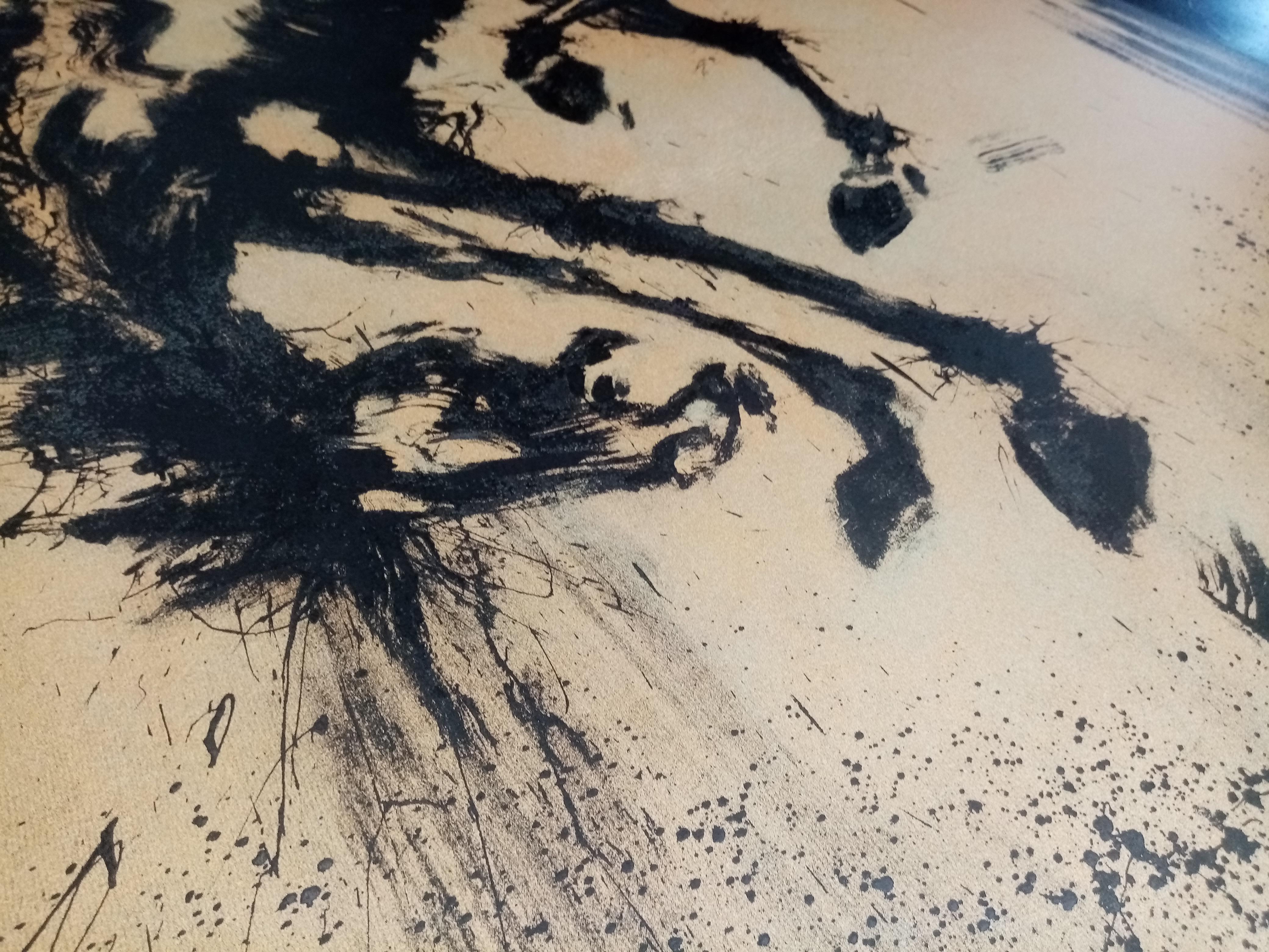 Richard Hambleton, Horse and Rider (detail): the horse's kicking legs and hooves amid flung ink and splatter.
