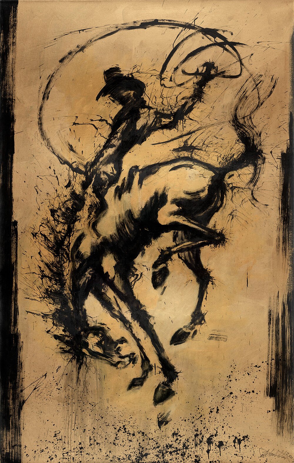 Richard Hambleton, Horse and Rider: a cowboy on a bucking bronco in loose, splattered black brushwork on tan.