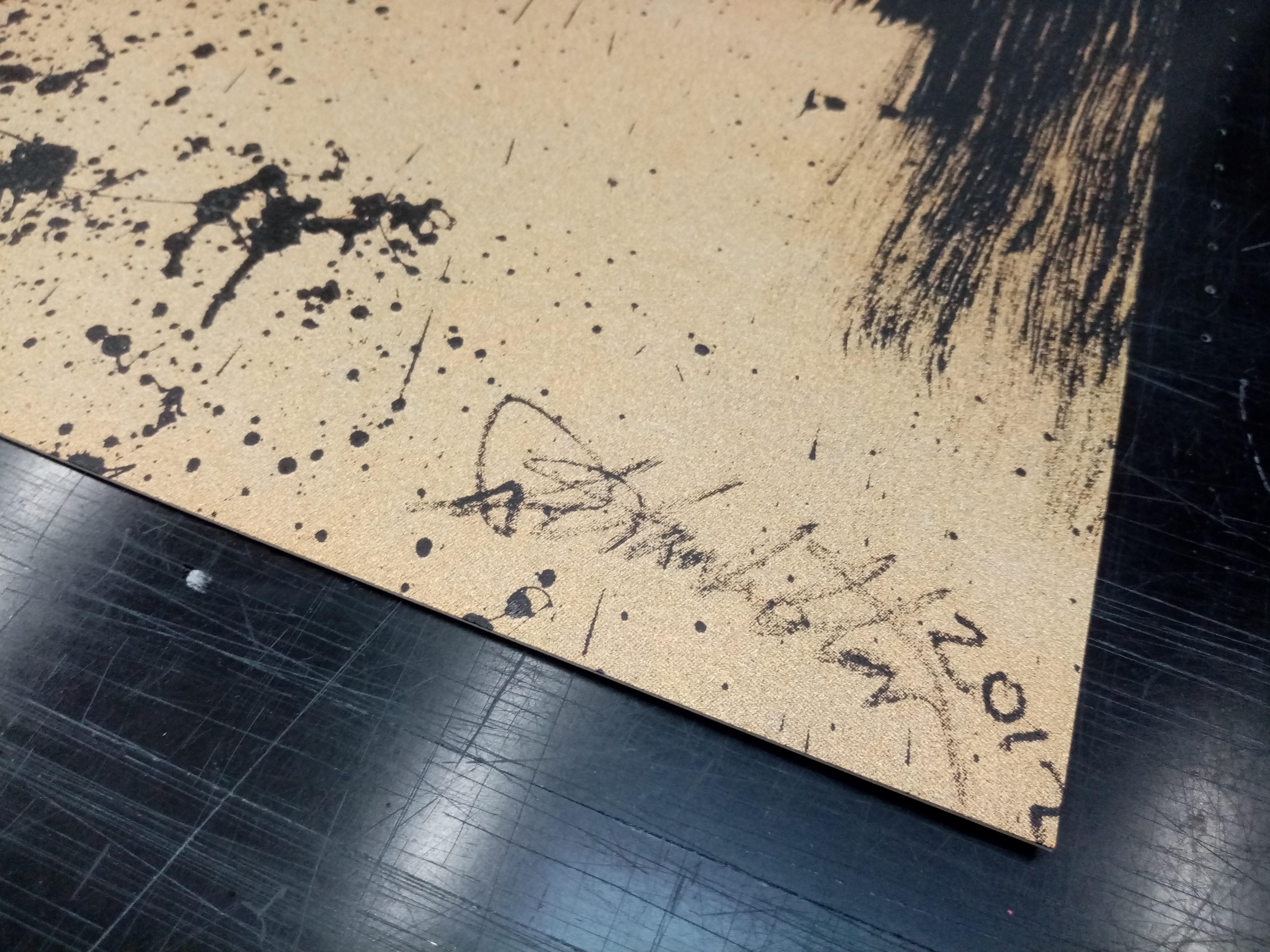 Richard Hambleton, Horse and Rider (detail): the artist's signature and 2020 date amid ink splatter in the corner.