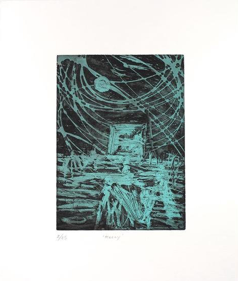 Sidney Nolan, Kelly (Blue): an abstract teal-and-black etching, Ned Kelly's slitted helmet amid radiating arcs.
