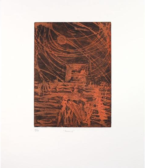 Sidney Nolan, Kelly (Orange): an abstract rust-orange-and-brown etching, Ned Kelly's slitted helmet amid radiating arcs.