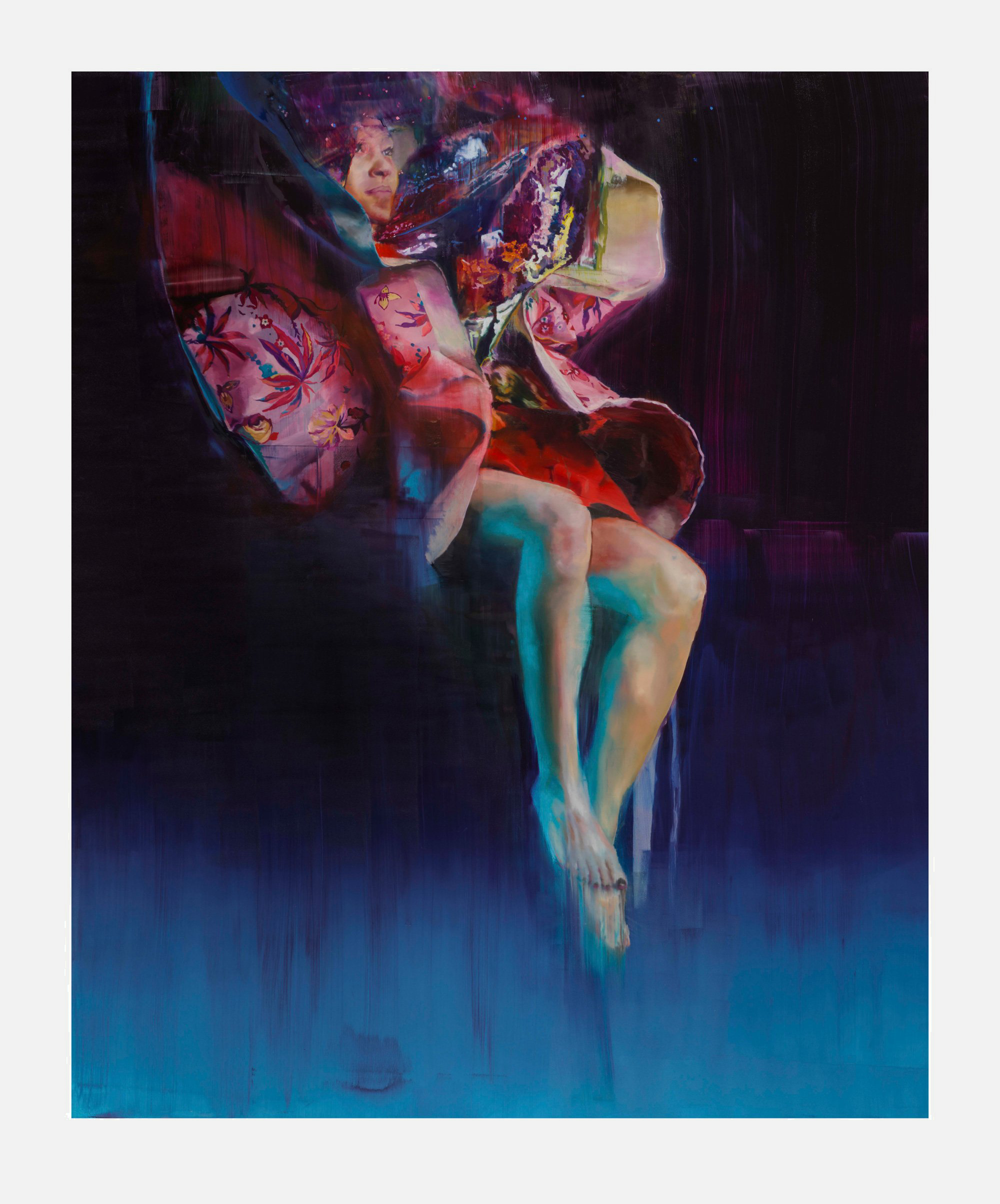 Chloe Early's Exosphere: a woman in a floral robe curls mid-air, bare legs tucked, against a deep purple ground dissolving into glowing blue.