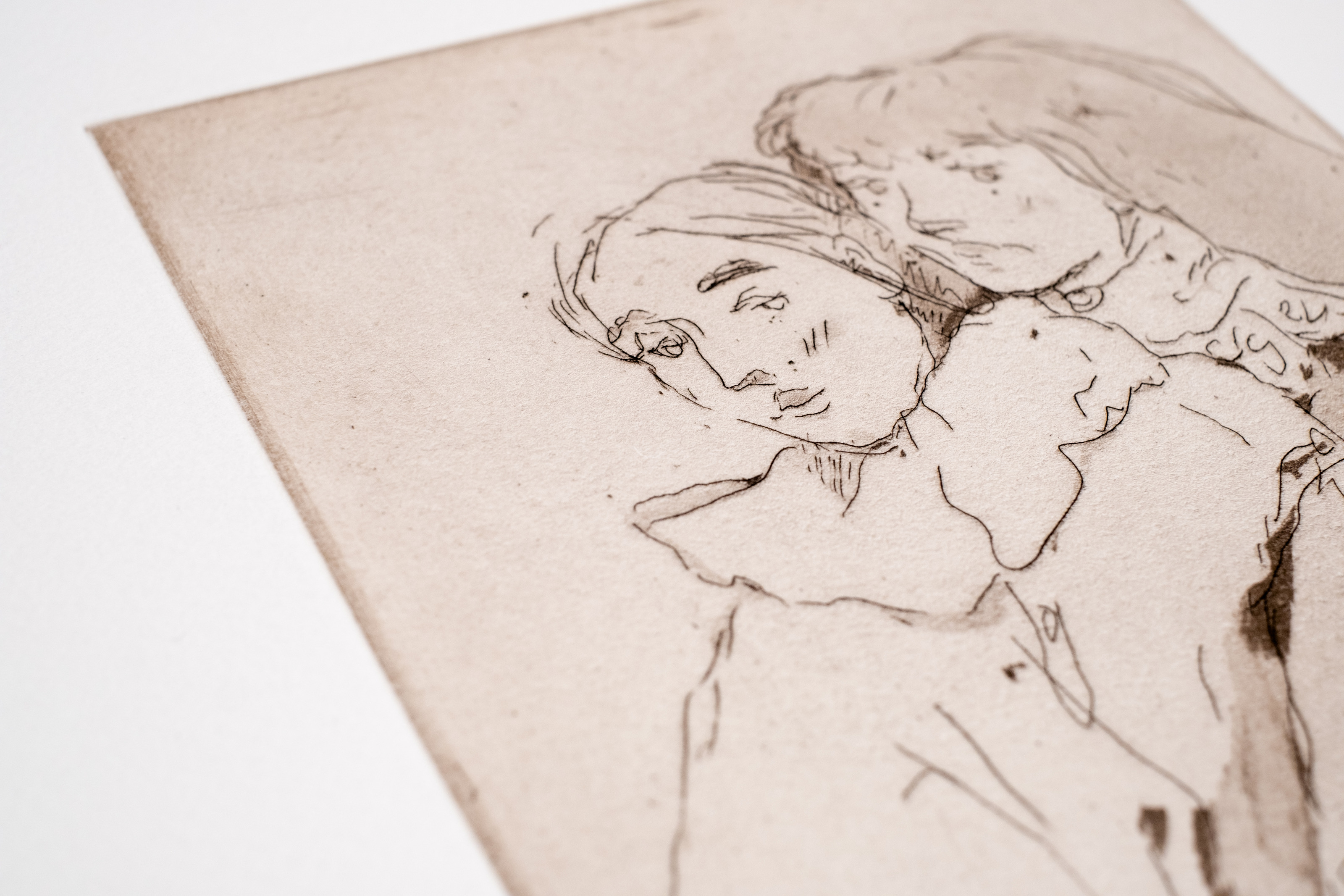 Liorah Tchiprout, Etched on all things bright and dark (detail): the pair cheek to cheek in fine line.