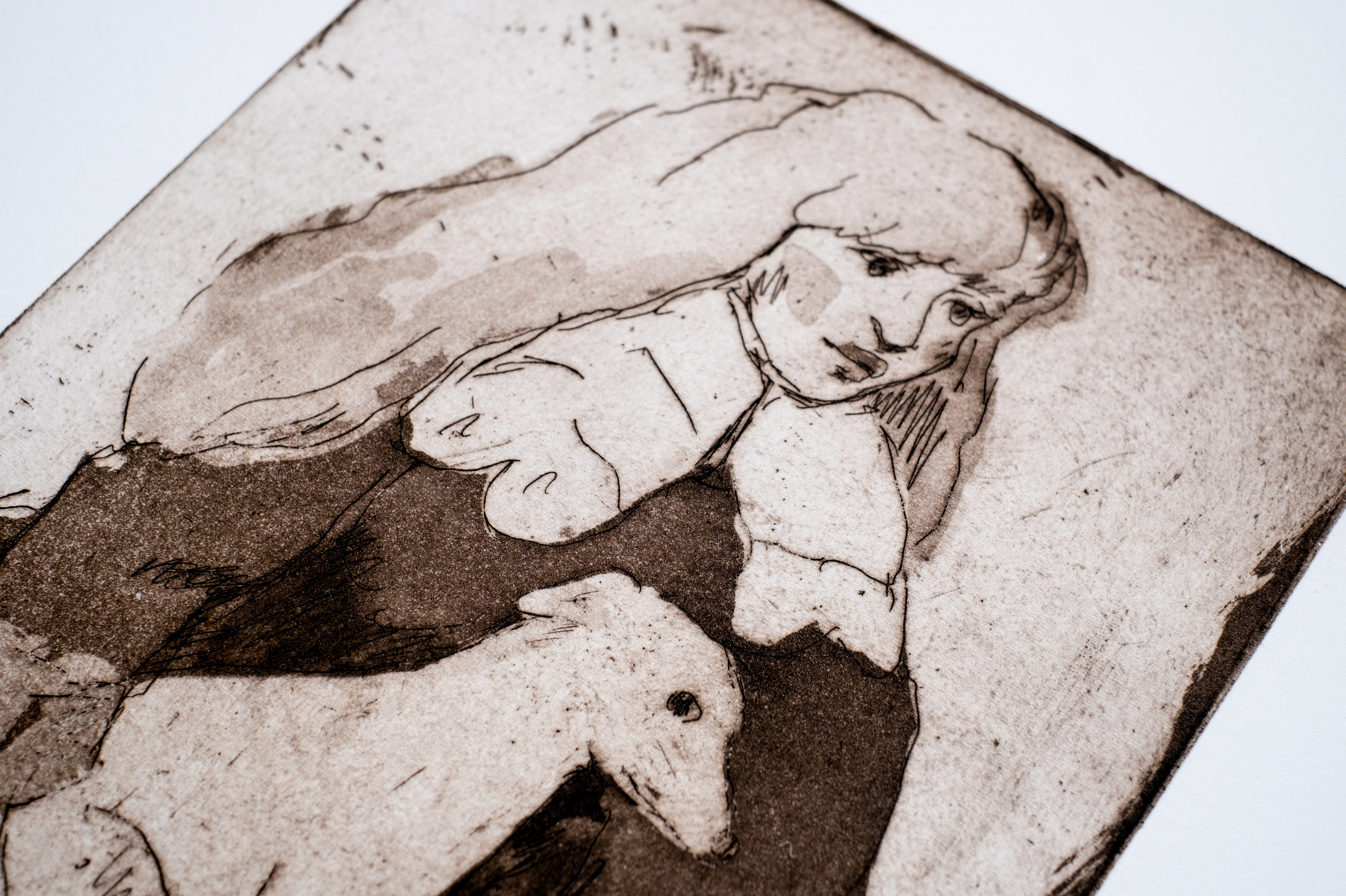 Liorah Tchiprout, One Thousand Living Things Are Sleeping in My Arms (detail): the woman's face and the greyhound's head in warm brown line.