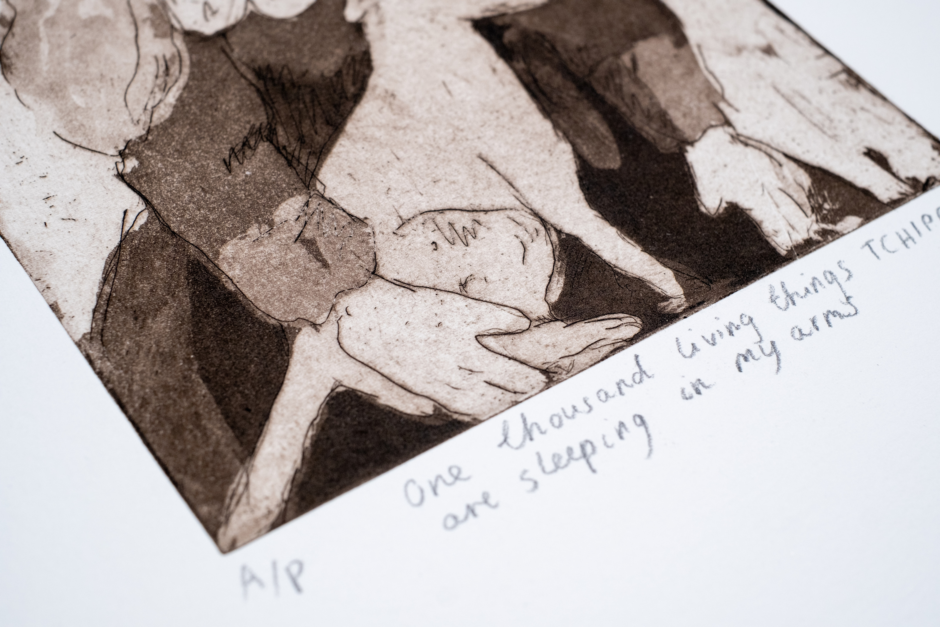 Liorah Tchiprout, One Thousand Living Things Are Sleeping in My Arms (detail): the greyhound resting against the seated figure's legs.