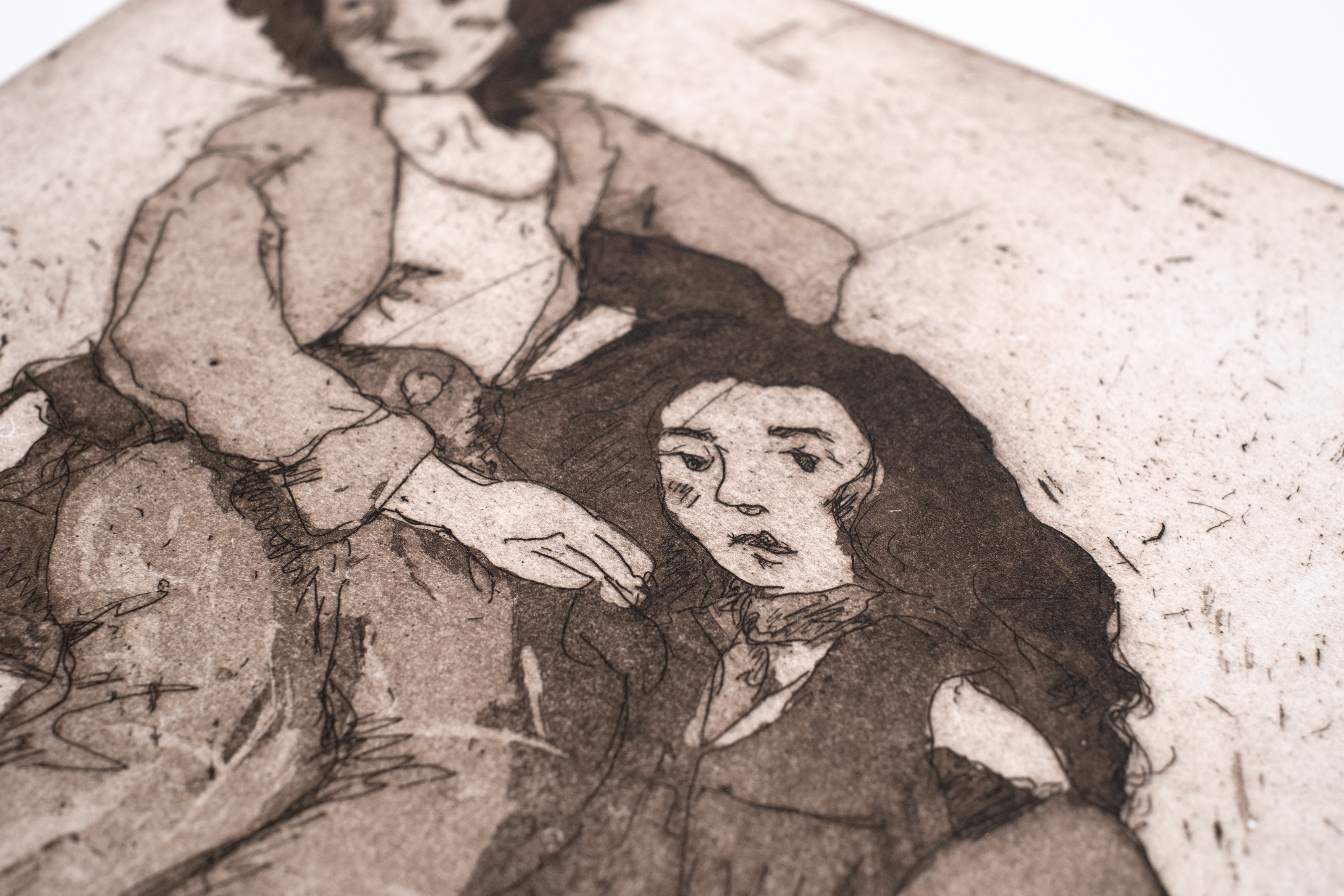 Liorah Tchiprout, The World Lies Spellbound at Our Doorstep (detail): the two figures' faces, one reclining against the other.