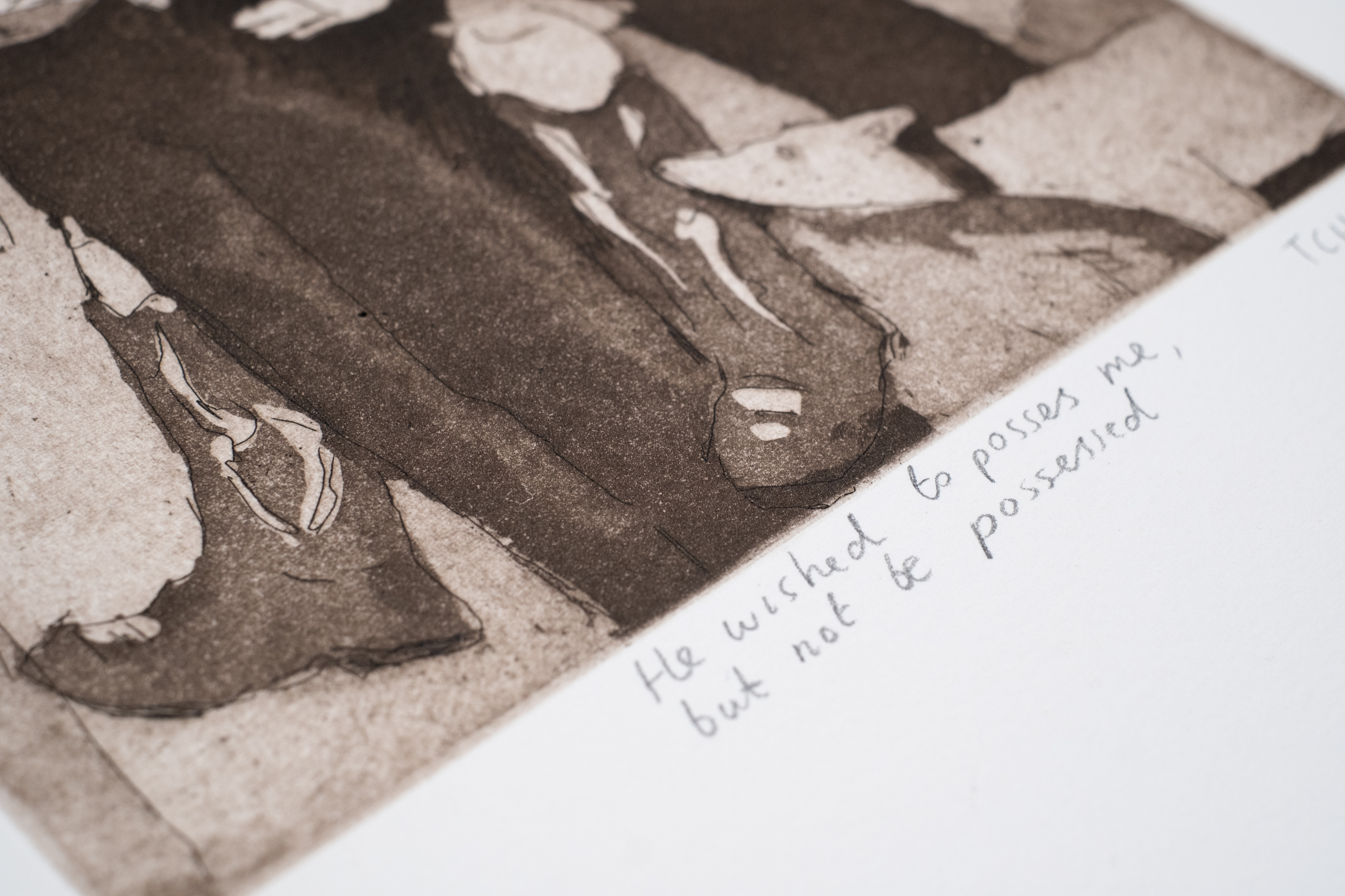 Liorah Tchiprout, He wished to possess me, but not be possessed (detail): the figures' feet and the dog beside the pencil title inscription.
