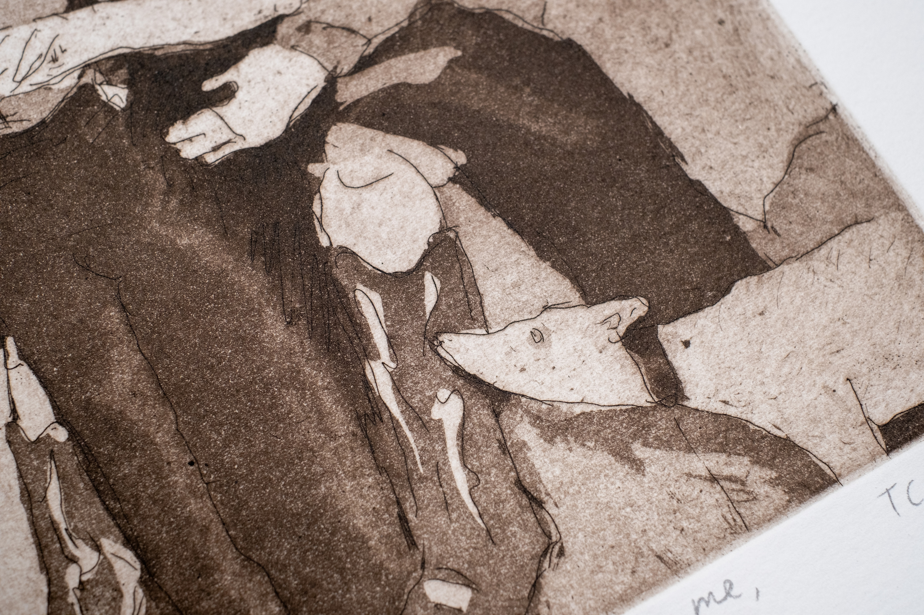 Liorah Tchiprout, He wished to possess me, but not be possessed (detail): the small dog and figures' feet in warm brown line.