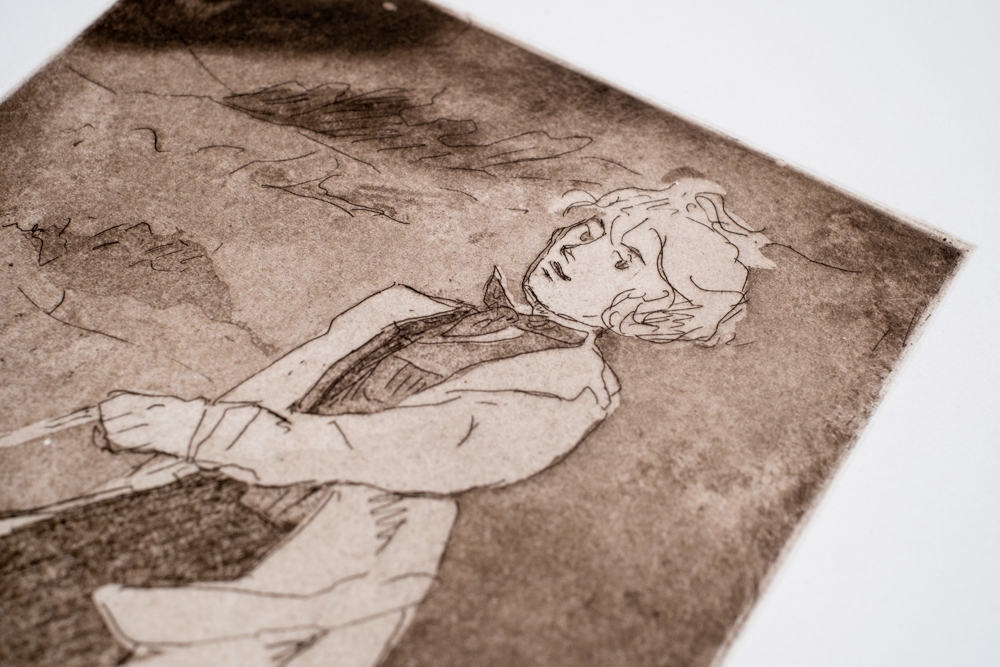 Liorah Tchiprout, Blindly faithful, following none (detail): the figure's upturned face and windswept curls.
