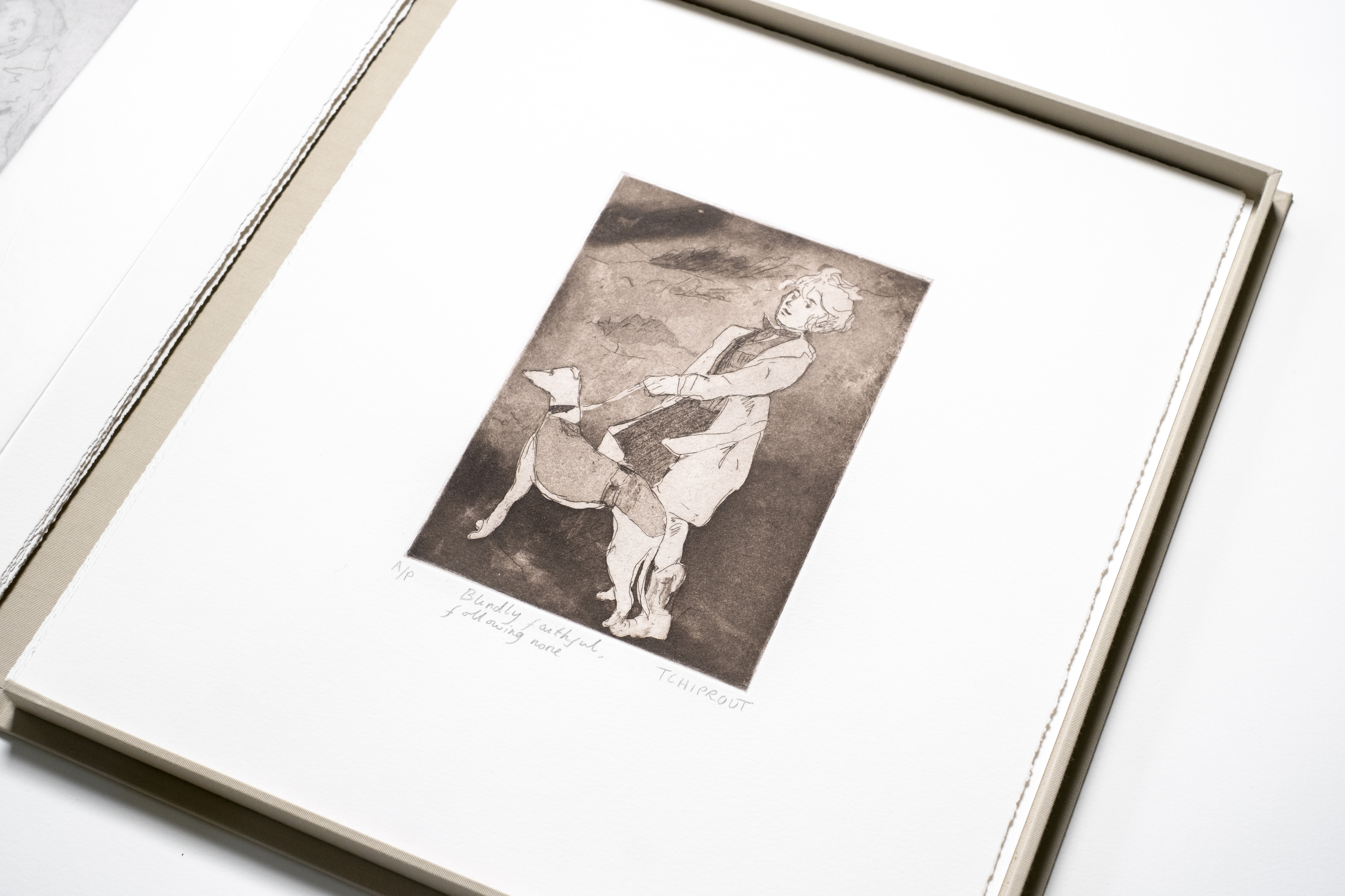 Liorah Tchiprout, Blindly faithful, following none: the etching shown in its book-like box set.