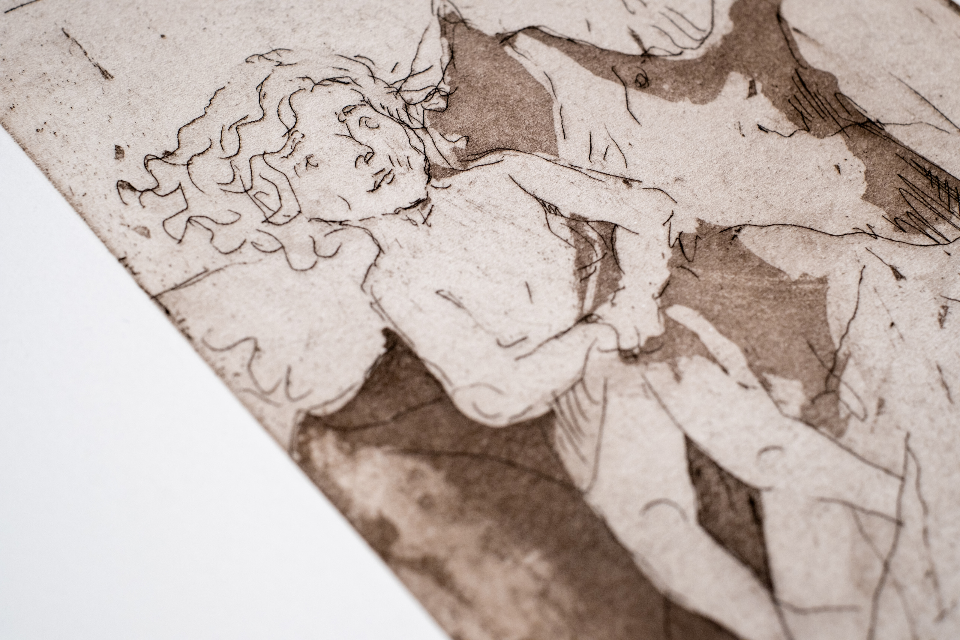 Liorah Tchiprout, You can play to win (detail): the child leaning against the seated adult's lap in fine brown line.