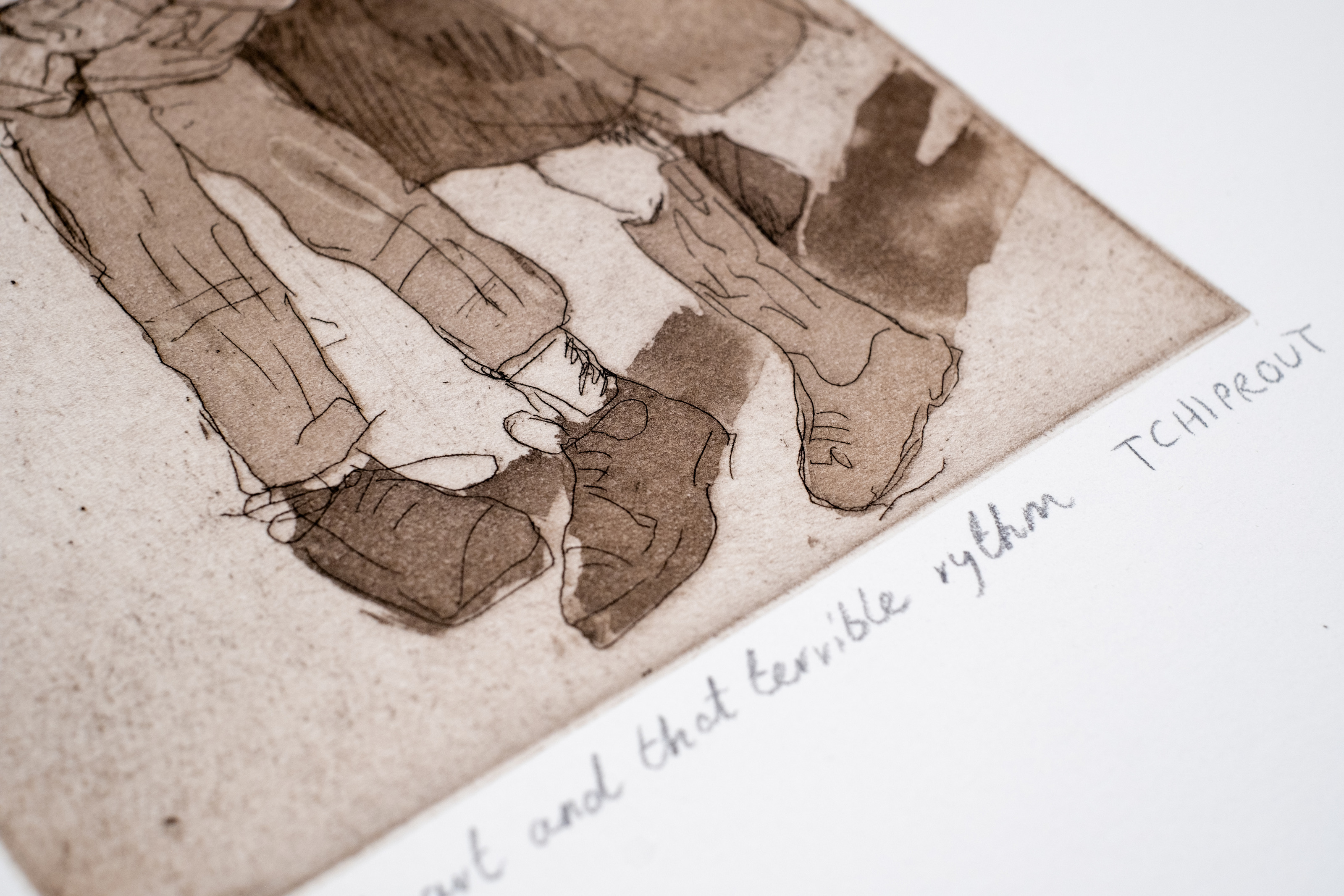 Liorah Tchiprout, Her heart and that terrible rhythm (detail): the figures' feet and the pencil title inscription below.