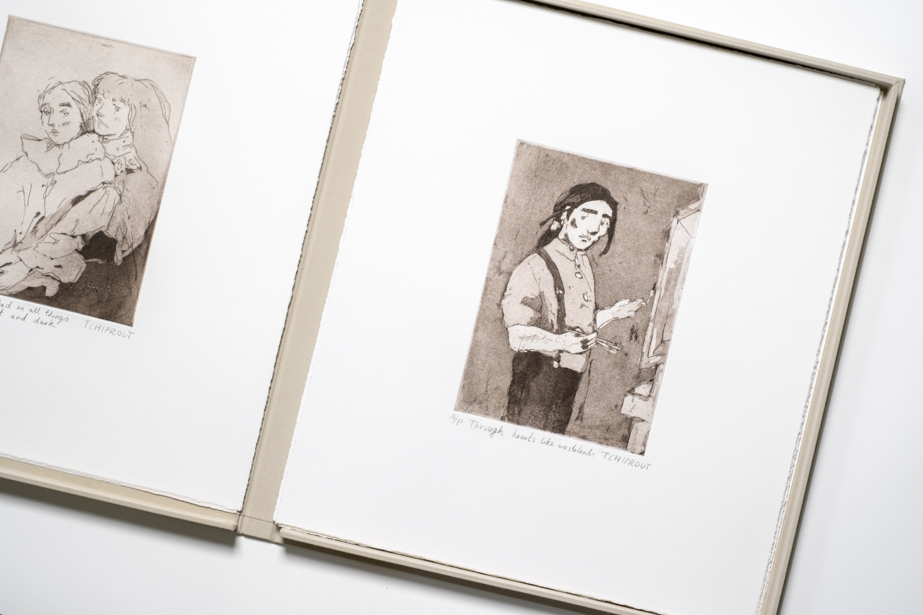 Liorah Tchiprout, Etched on all things bright and dark: the open box showing two etchings, the title plate and Through hearts like wastelands.