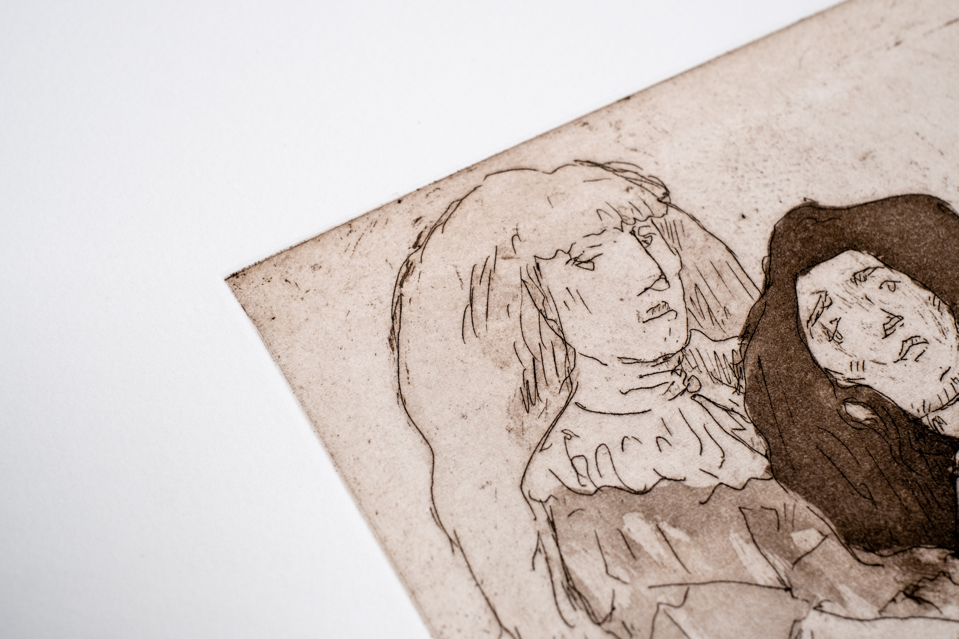 Liorah Tchiprout, Gently, like the names of flowers (detail): the standing figure's face and curled hair.