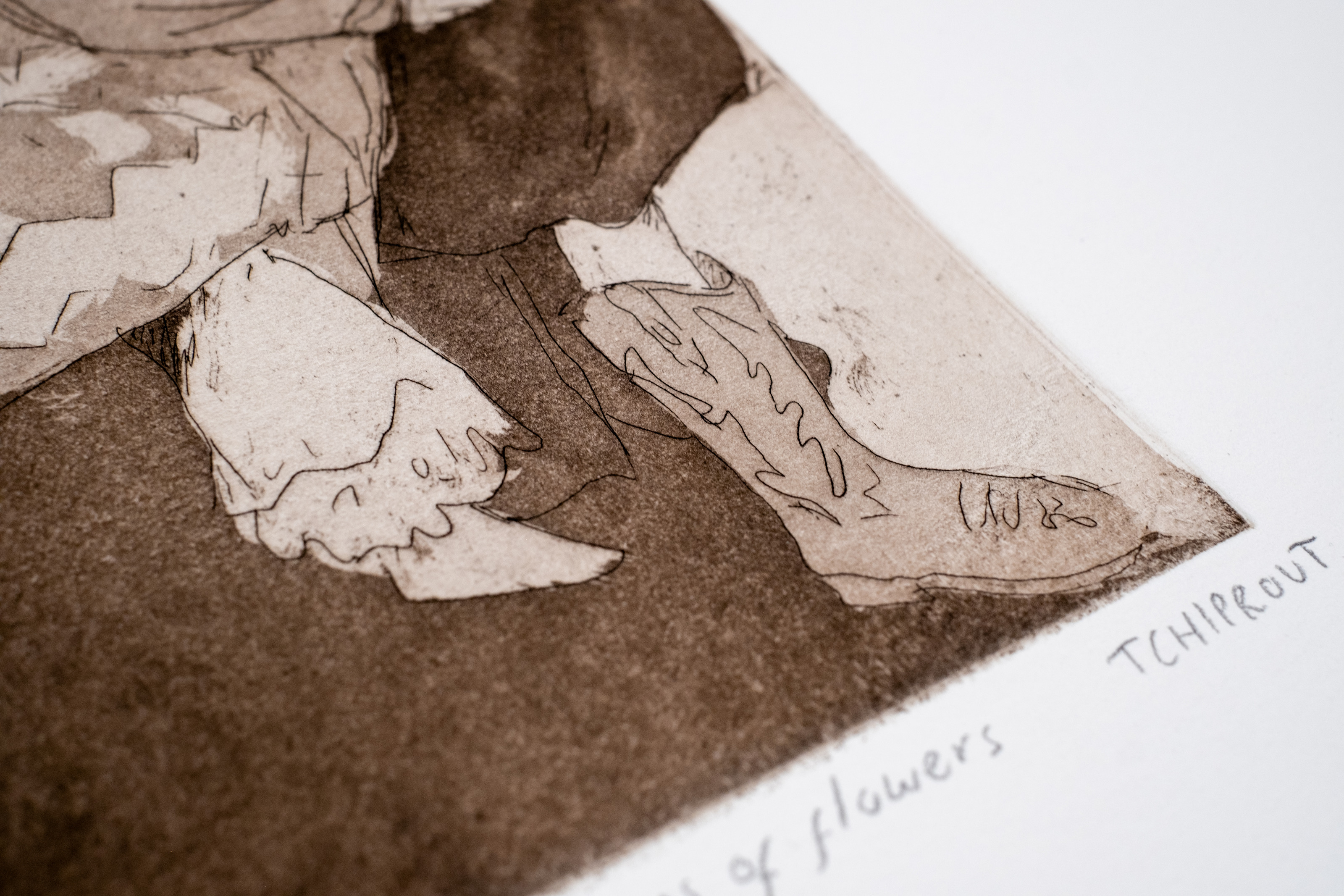 Liorah Tchiprout, Gently, like the names of flowers (detail): the figures' boots below, beside the pencil title inscription.