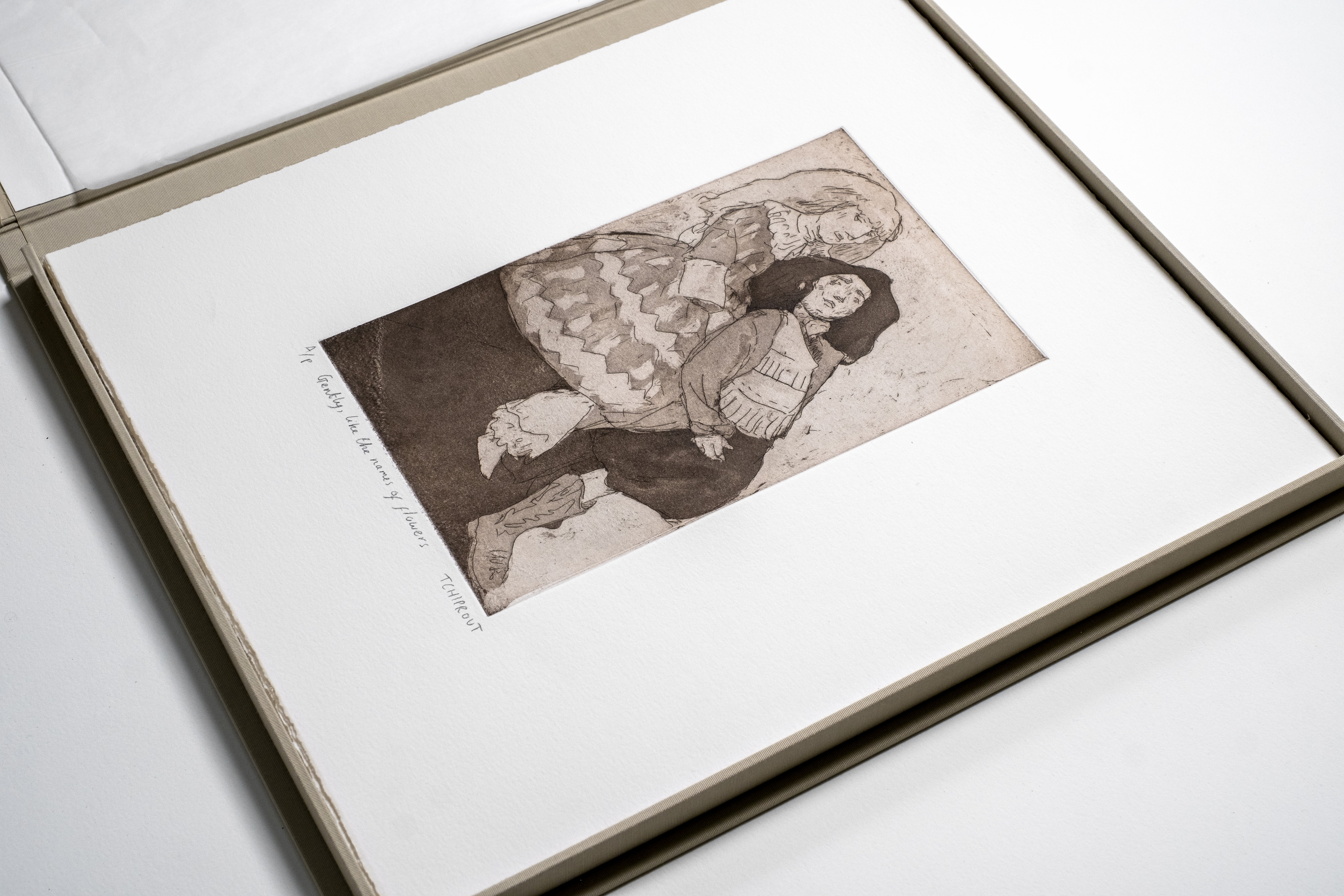 Liorah Tchiprout, Gently, like the names of flowers: the etching shown in its book-like box set.