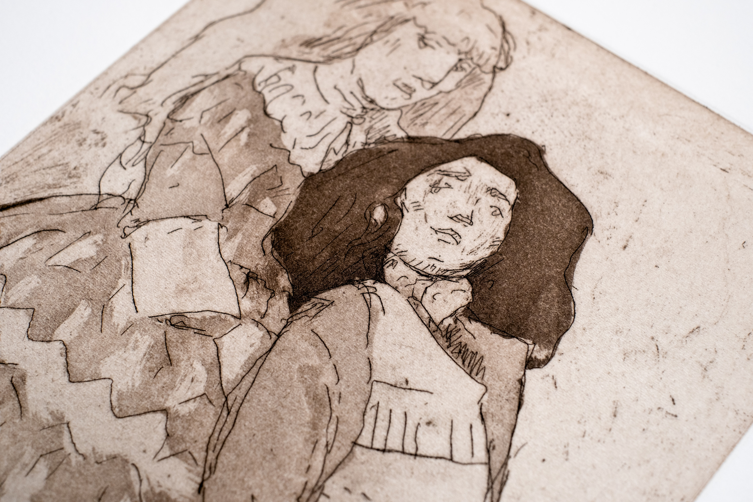 Liorah Tchiprout, Gently, like the names of flowers (detail): the second figure resting against the dress in warm brown line.