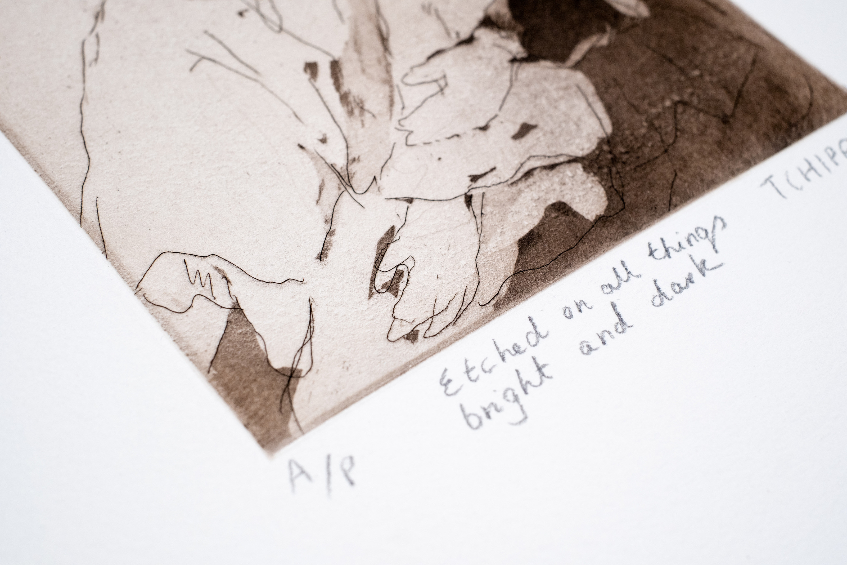 Liorah Tchiprout, Etched on all things bright and dark (detail): the figures' hands beside the pencil title inscription.