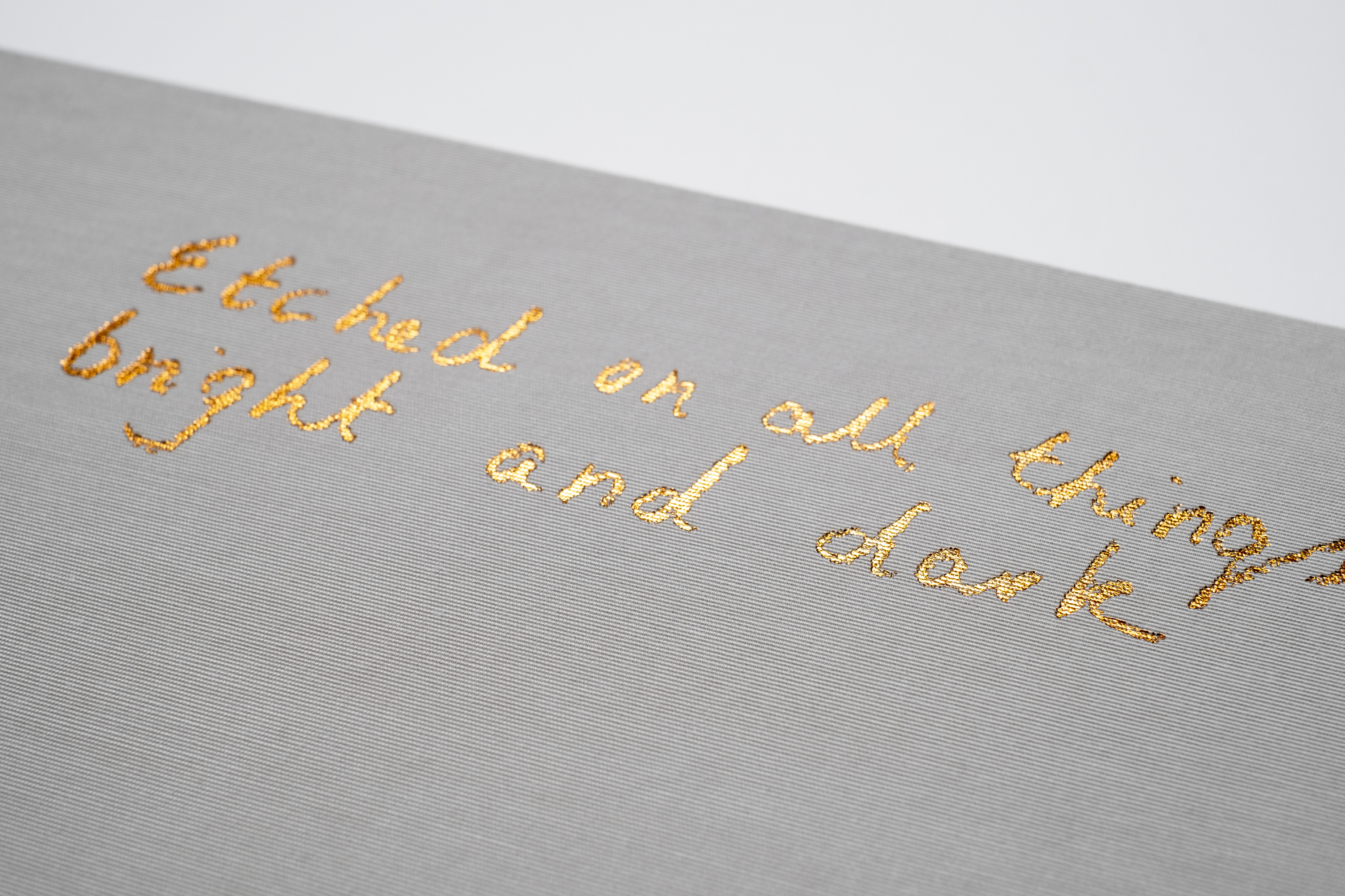 Liorah Tchiprout, Etched on all things bright and dark (detail): the gold-foil-blocked title on the cloth cover.