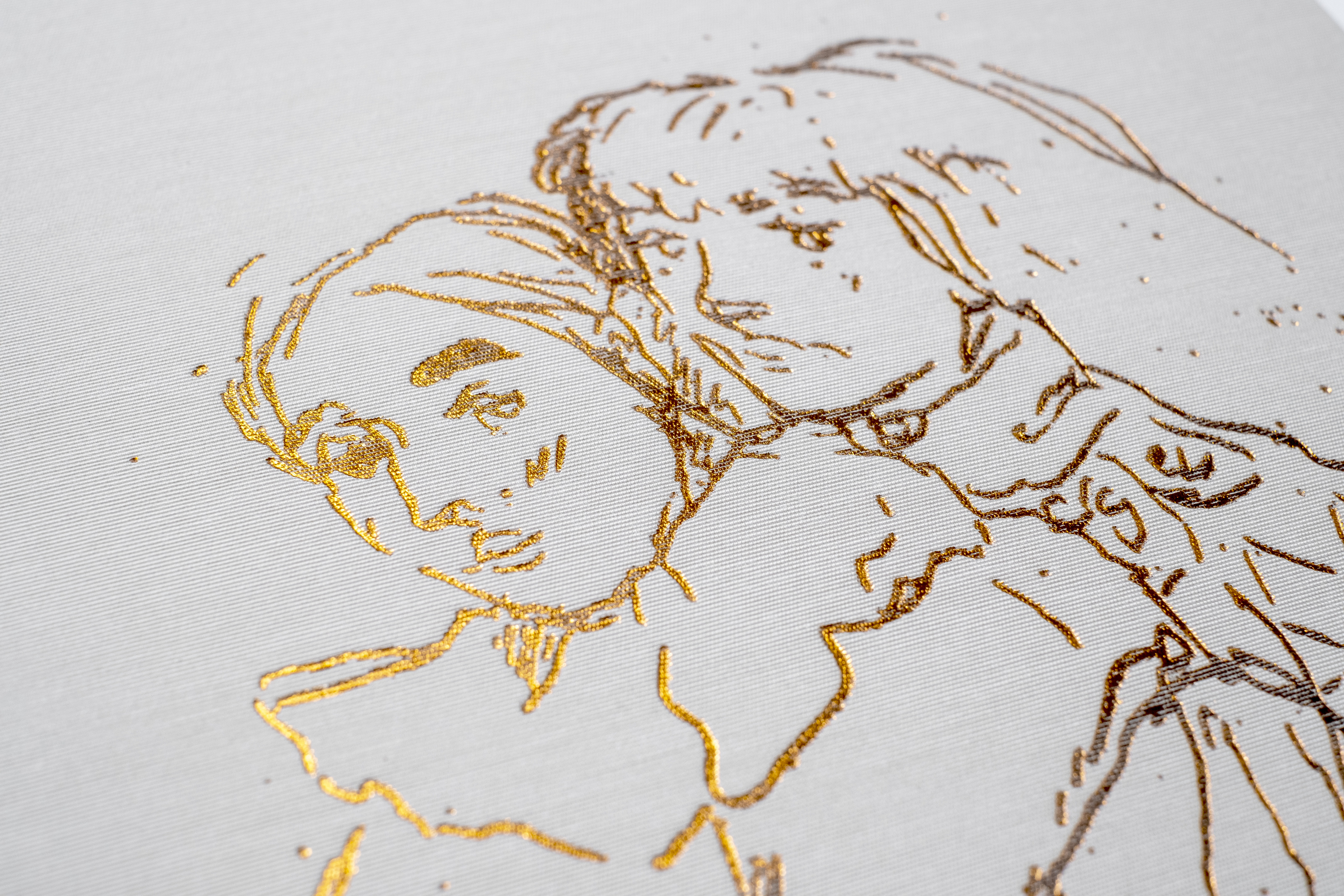 Liorah Tchiprout, Etched on all things bright and dark (detail): the gold-foil line drawing of two figures on the cover.