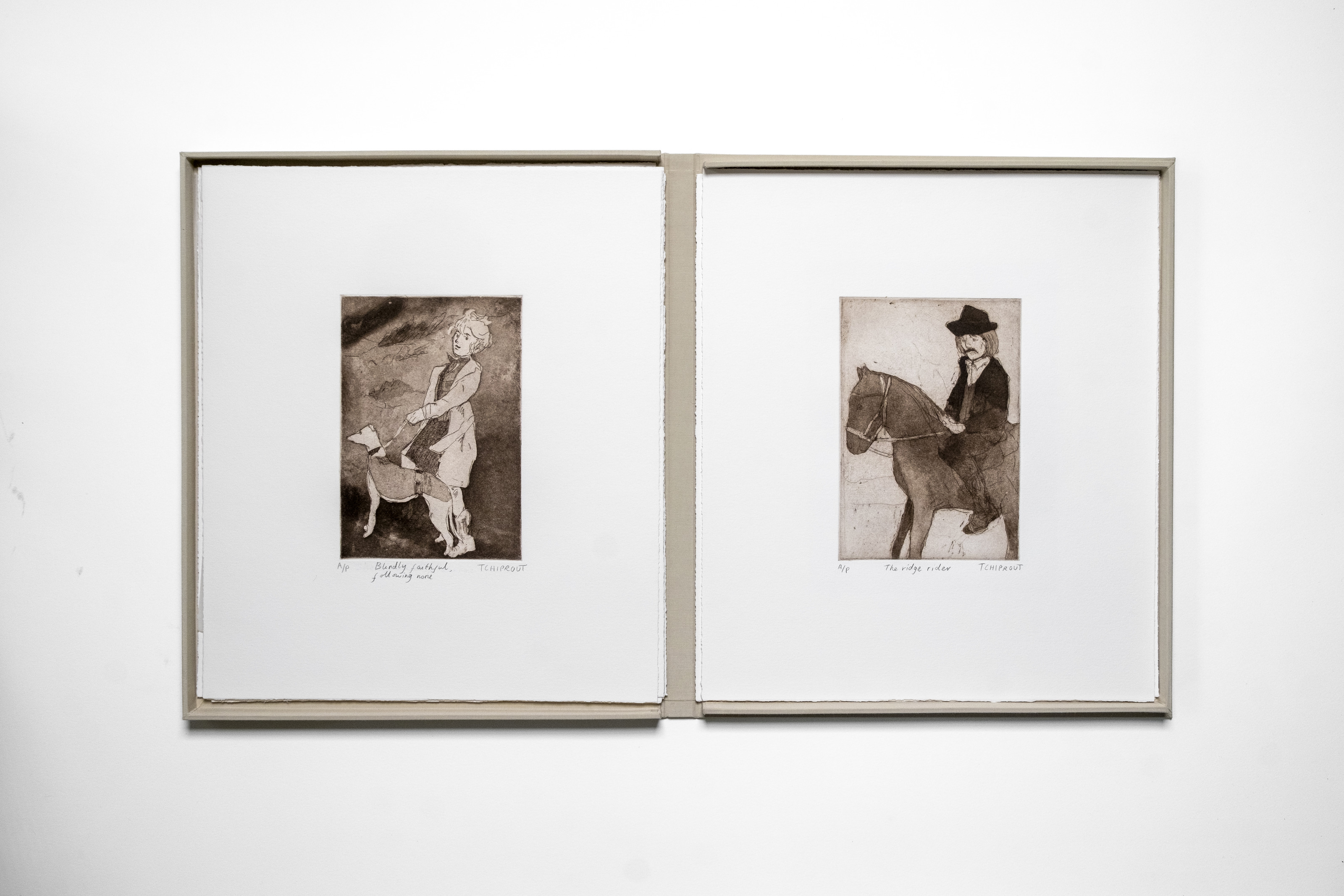 Liorah Tchiprout, Etched on all things bright and dark: the open box showing two etchings, Blindly faithful and The ridge rider.