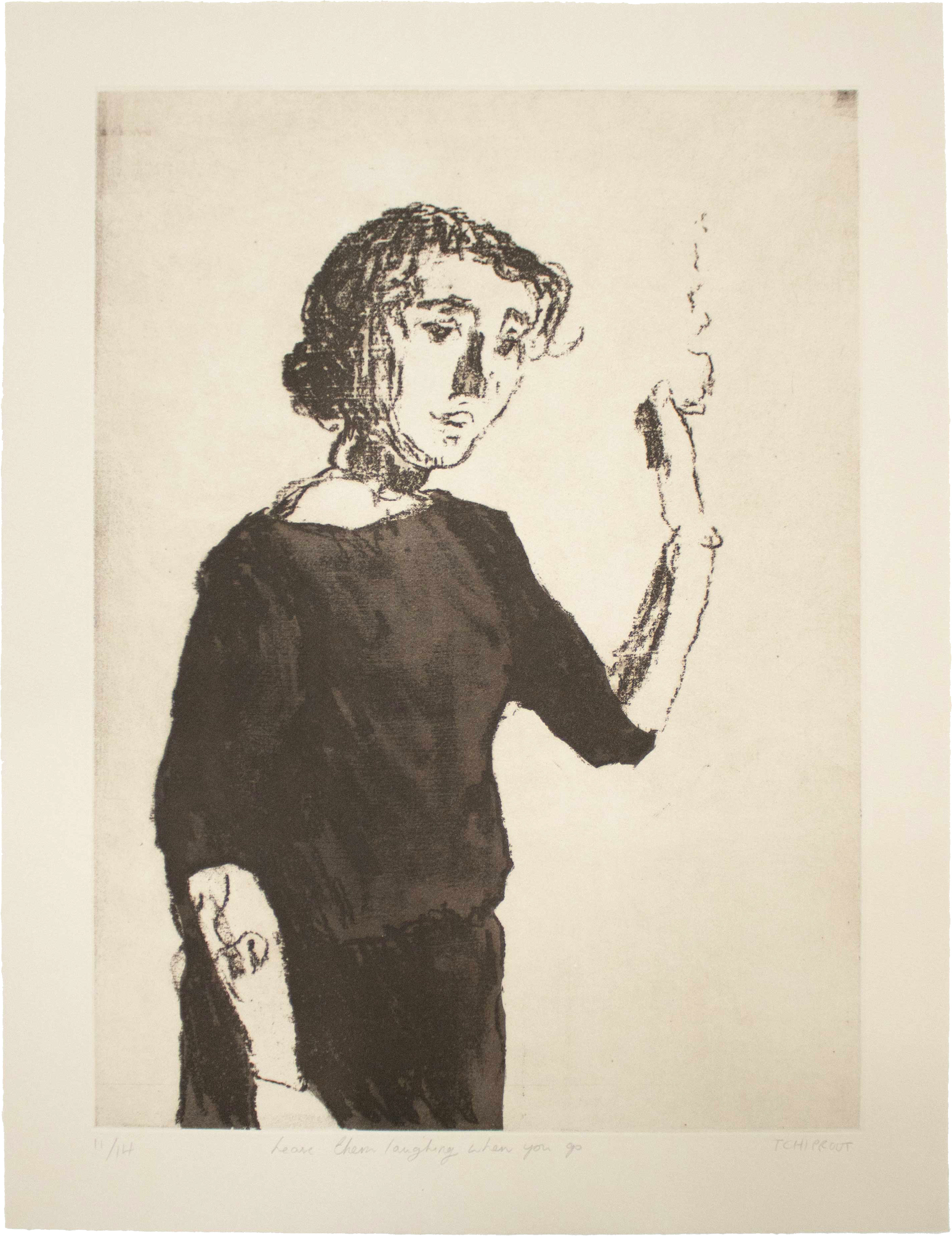 Liorah Tchiprout, Leave them laughing when you go: a dark-clad figure with one arm raised, in painterly brown aquatint.