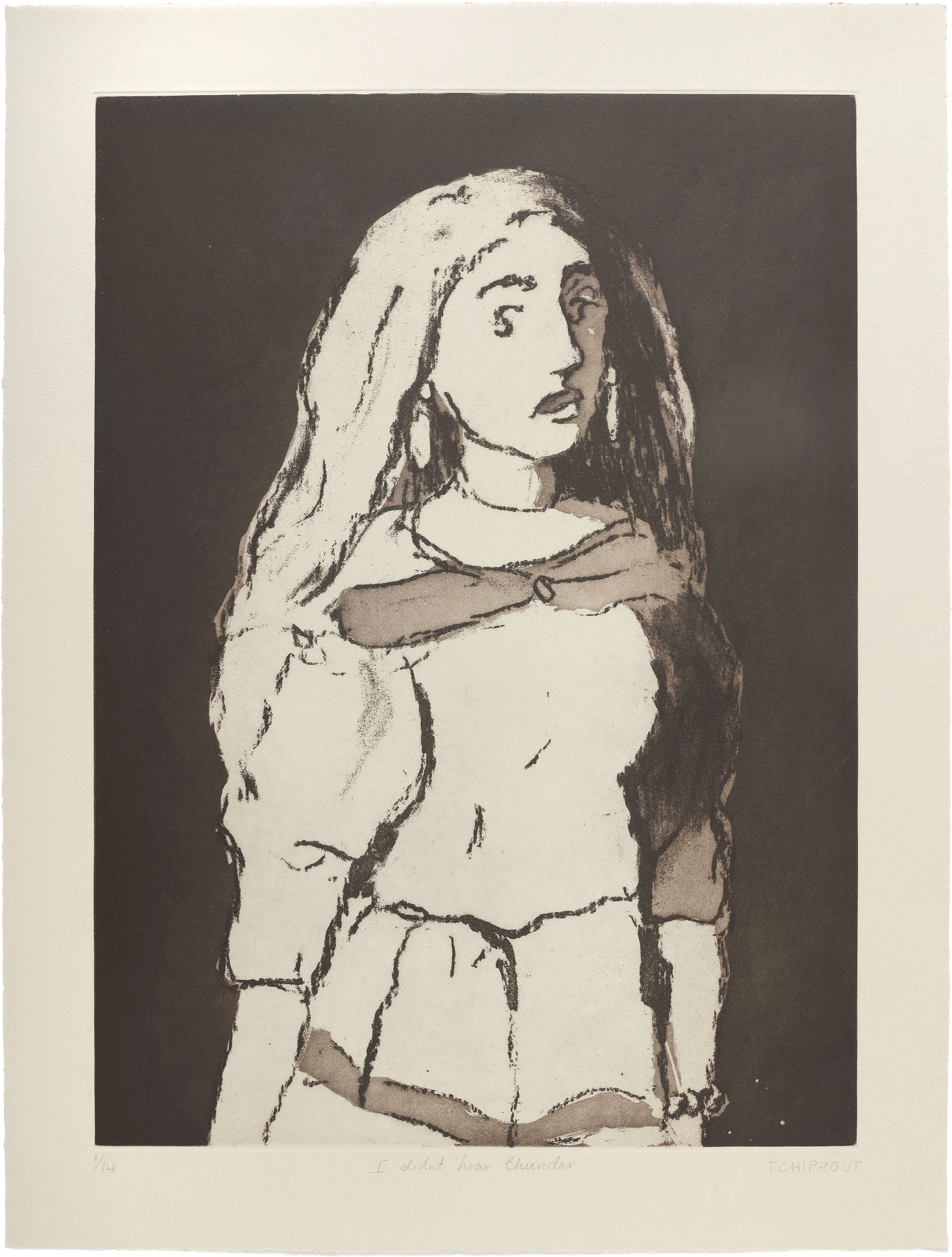 Liorah Tchiprout, I didn't hear thunder: a pale-haired figure in white lit against a near-black ground.
