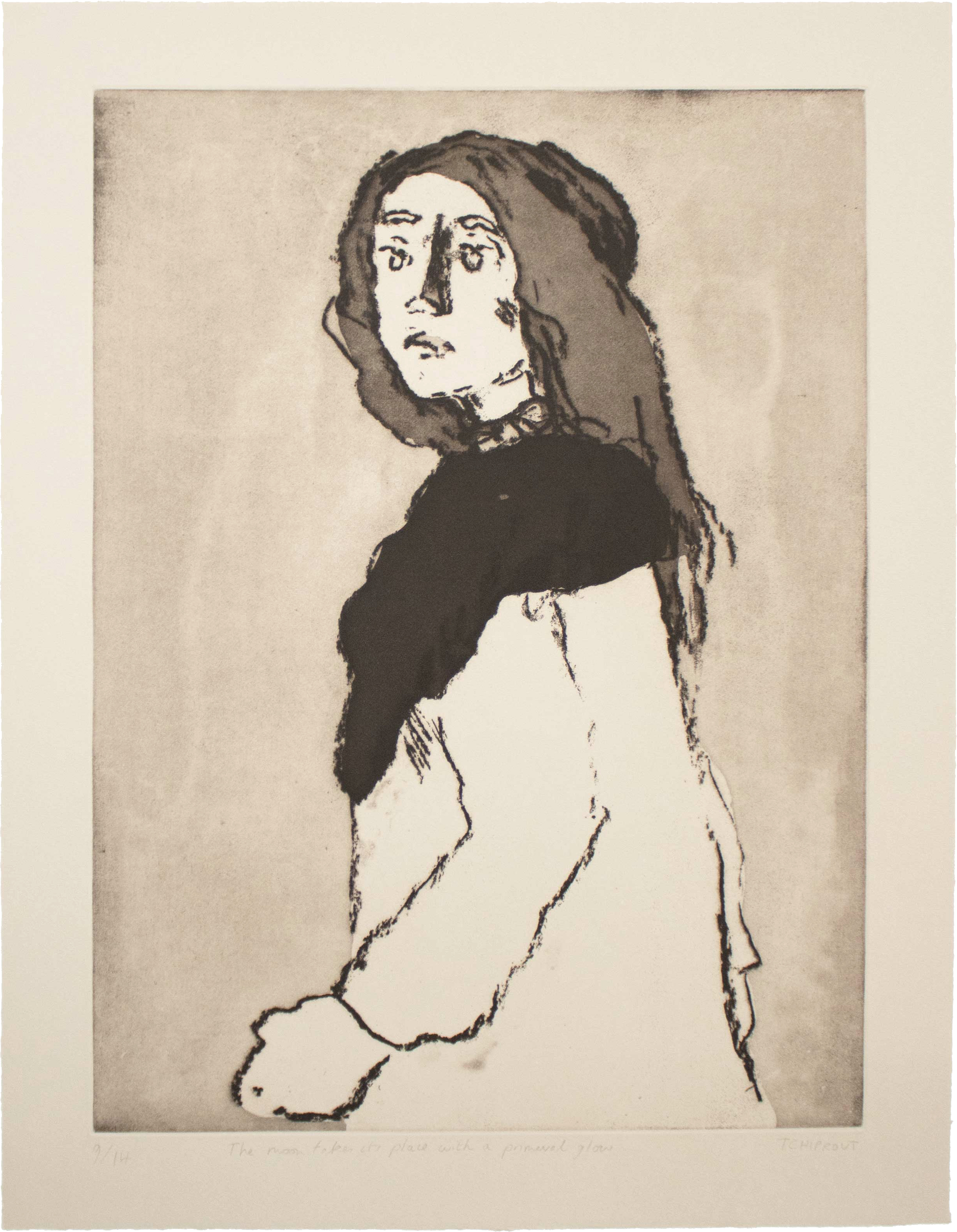 Liorah Tchiprout, The moon takes its place, with a primeval glow: a hooded figure in a pale gown, turned to one side.