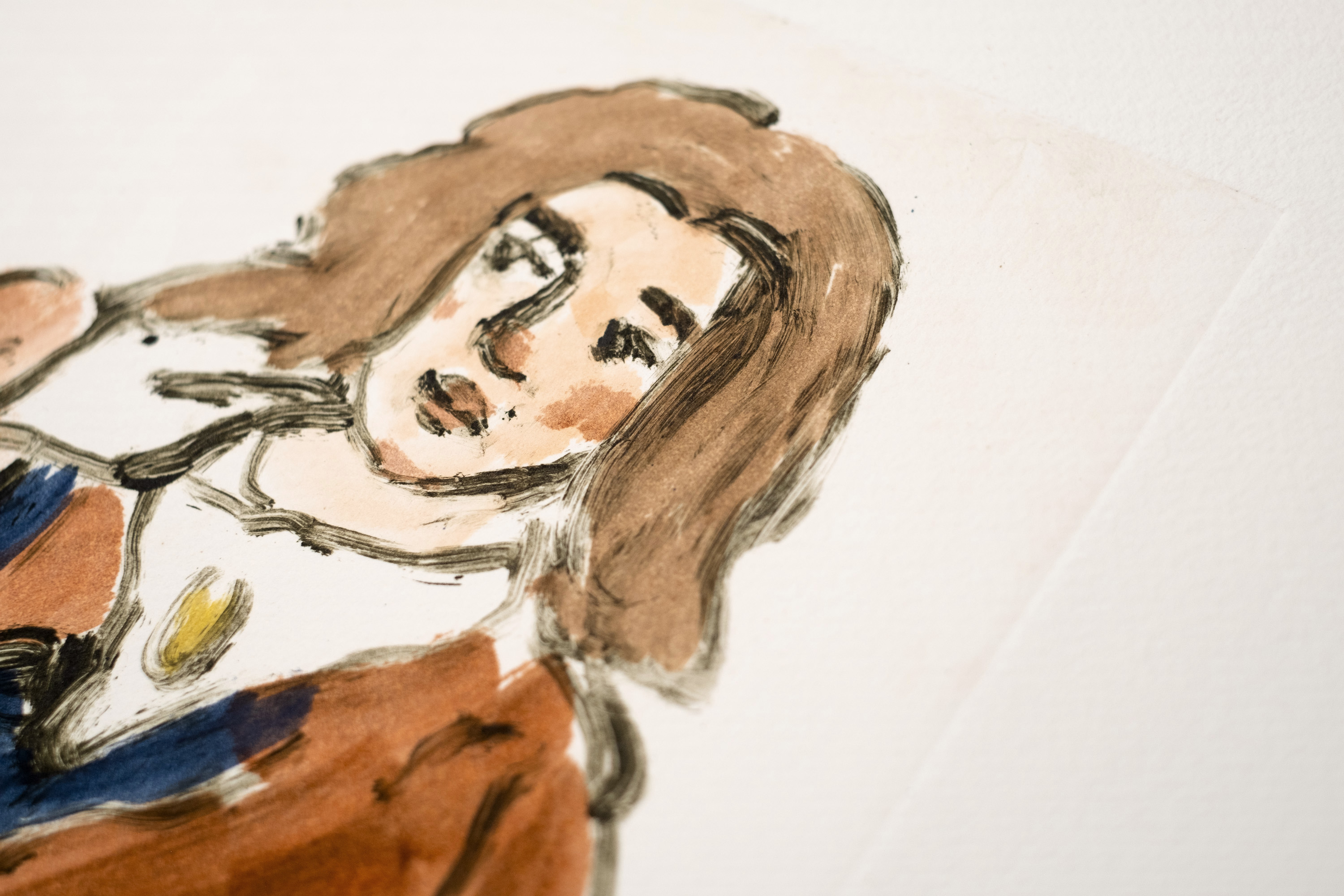 Detail of Liorah Tchiprout's A curious music carried on the wind: the woman's tilted face, flushed cheeks, hand at her neck.