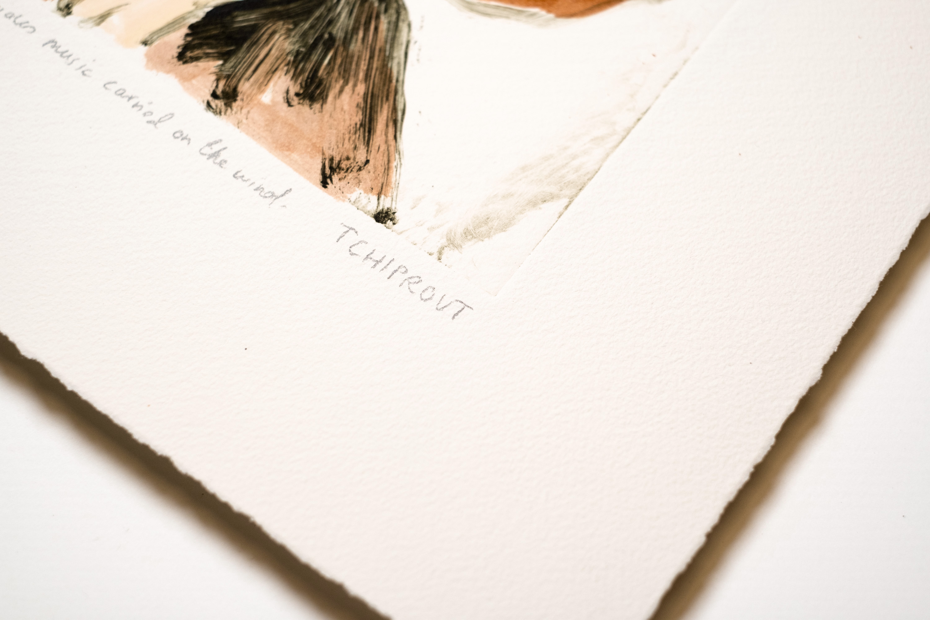 Detail of A curious music carried on the wind: the pencil title and Tchiprout signature below the plate mark, on deckled paper.