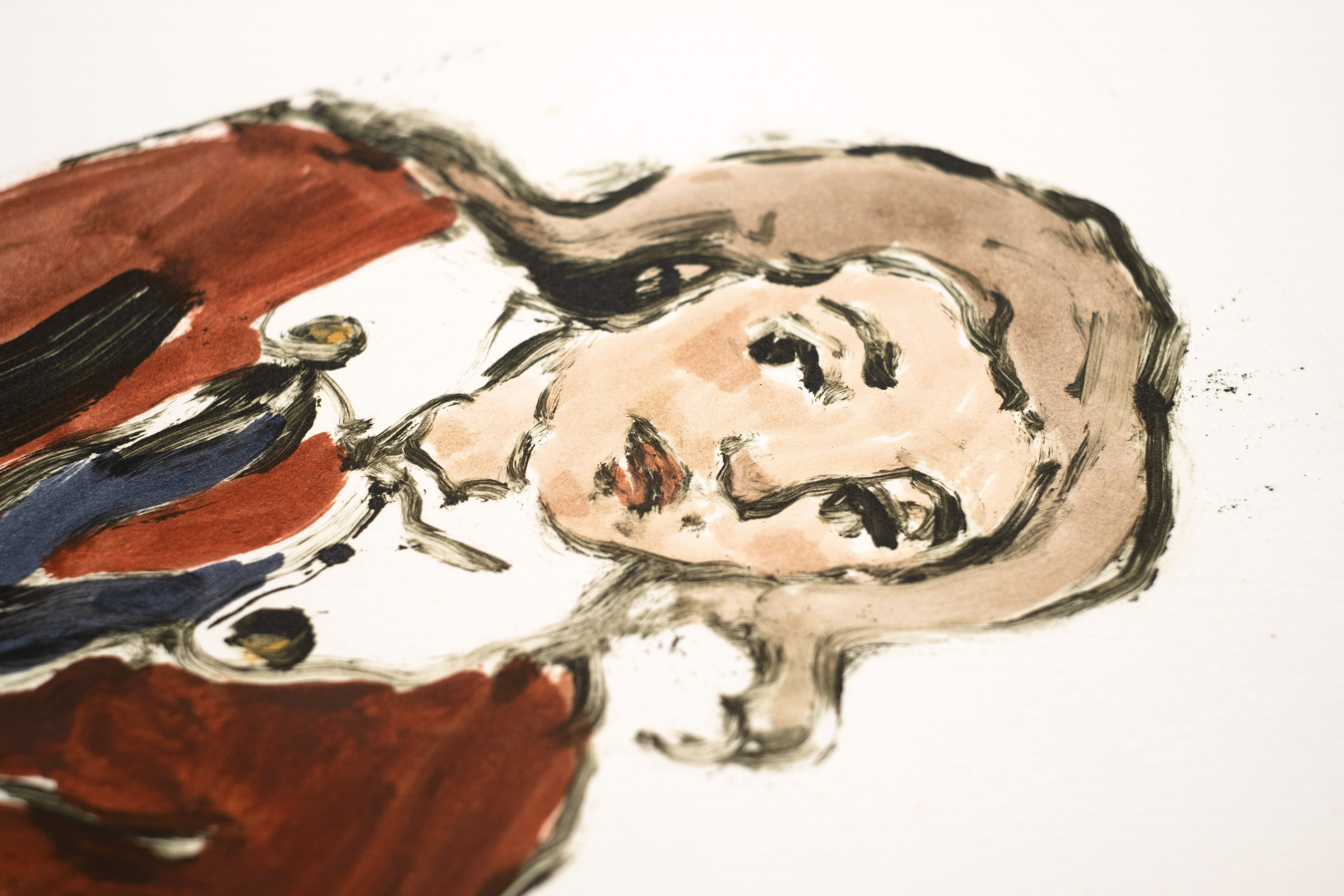 Detail of Liorah Tchiprout's Do I just want what I want?: the woman's wide sidelong gaze and heavy brushed hair.