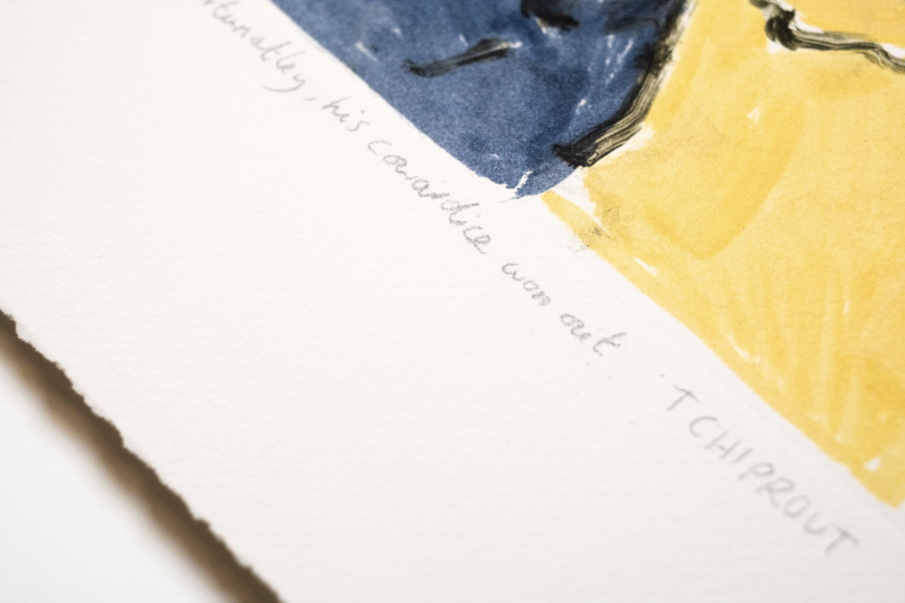 Detail of Fortunately, his cowardice won out: the pencil title and Tchiprout signature below the plate mark, on deckled paper.