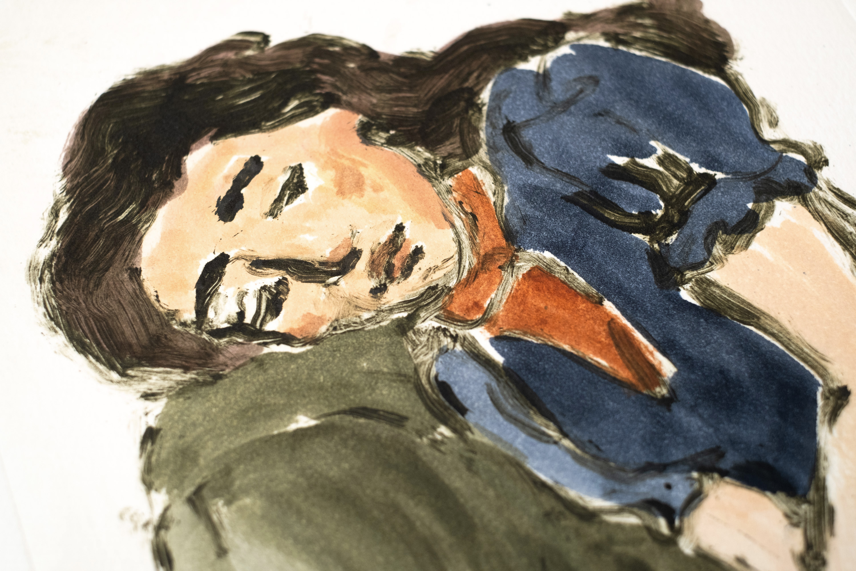 Detail of Liorah Tchiprout's For whom my tears were a drink: the woman's face turned sideways, eyes closed.