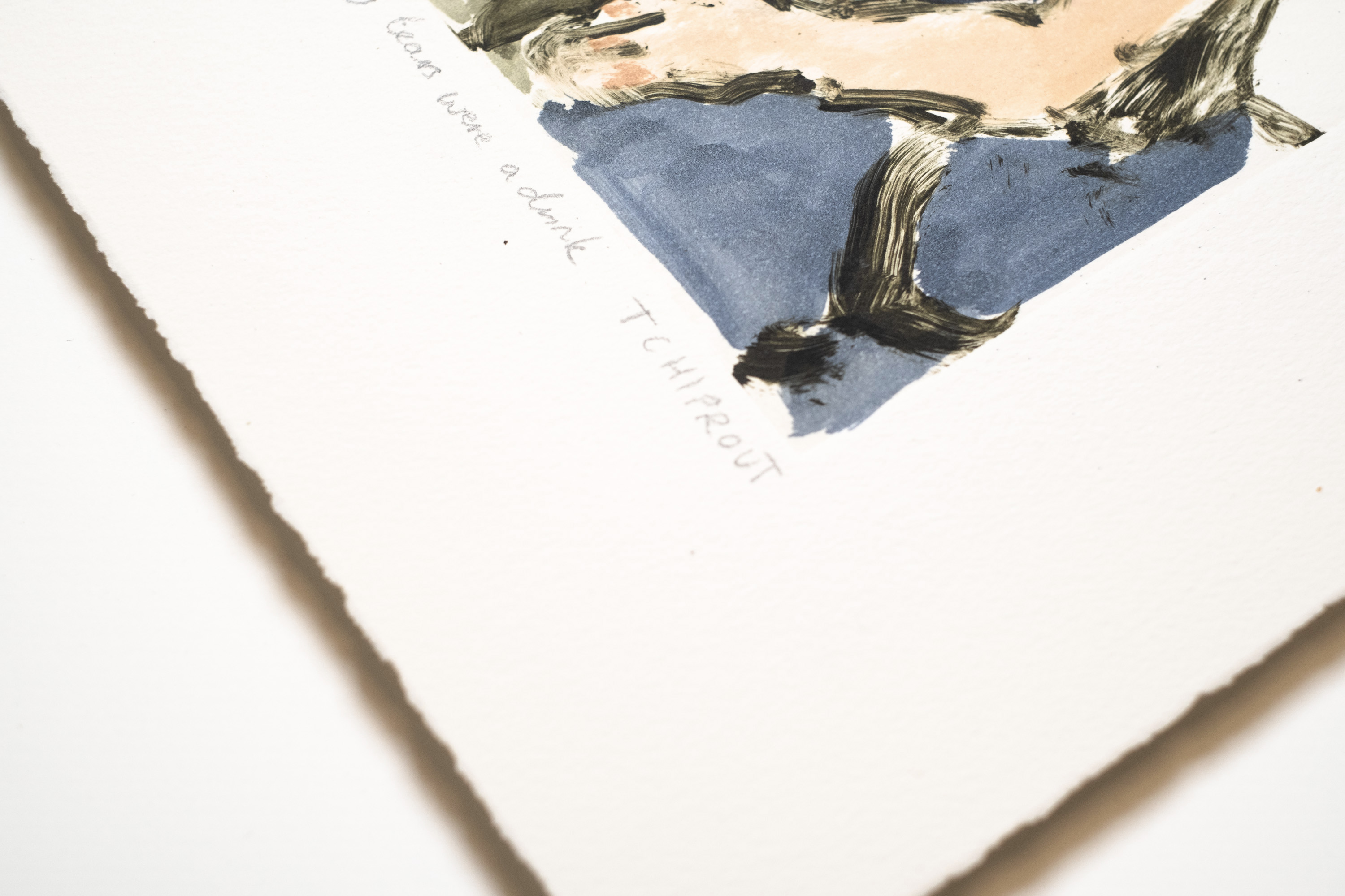 Detail of For whom my tears were a drink: the pencil title and Tchiprout signature below the plate mark, on deckled paper.