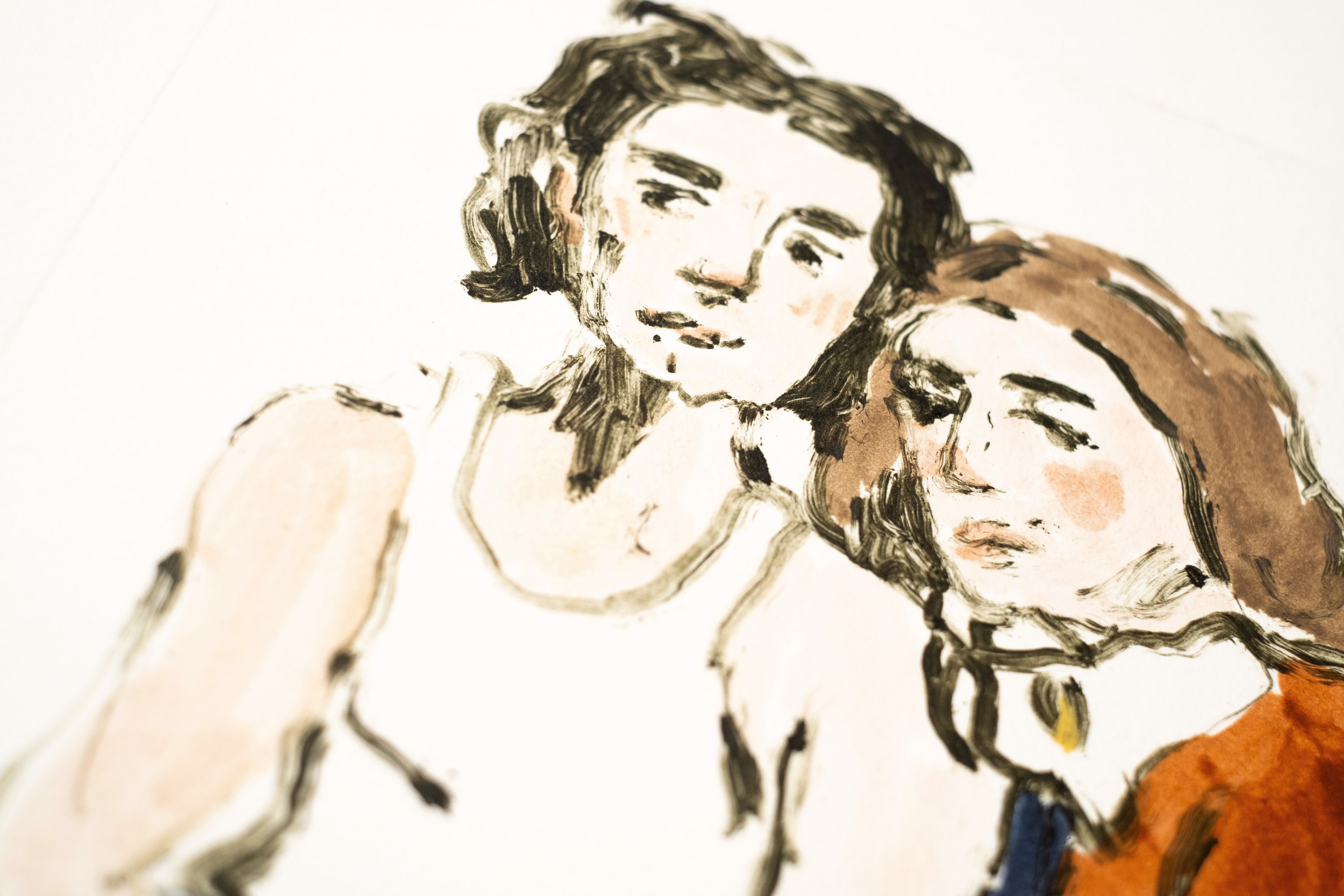 Detail of Liorah Tchiprout's How many times have I said yes without you having to ask: the two faces, one tipped onto the other's shoulder.