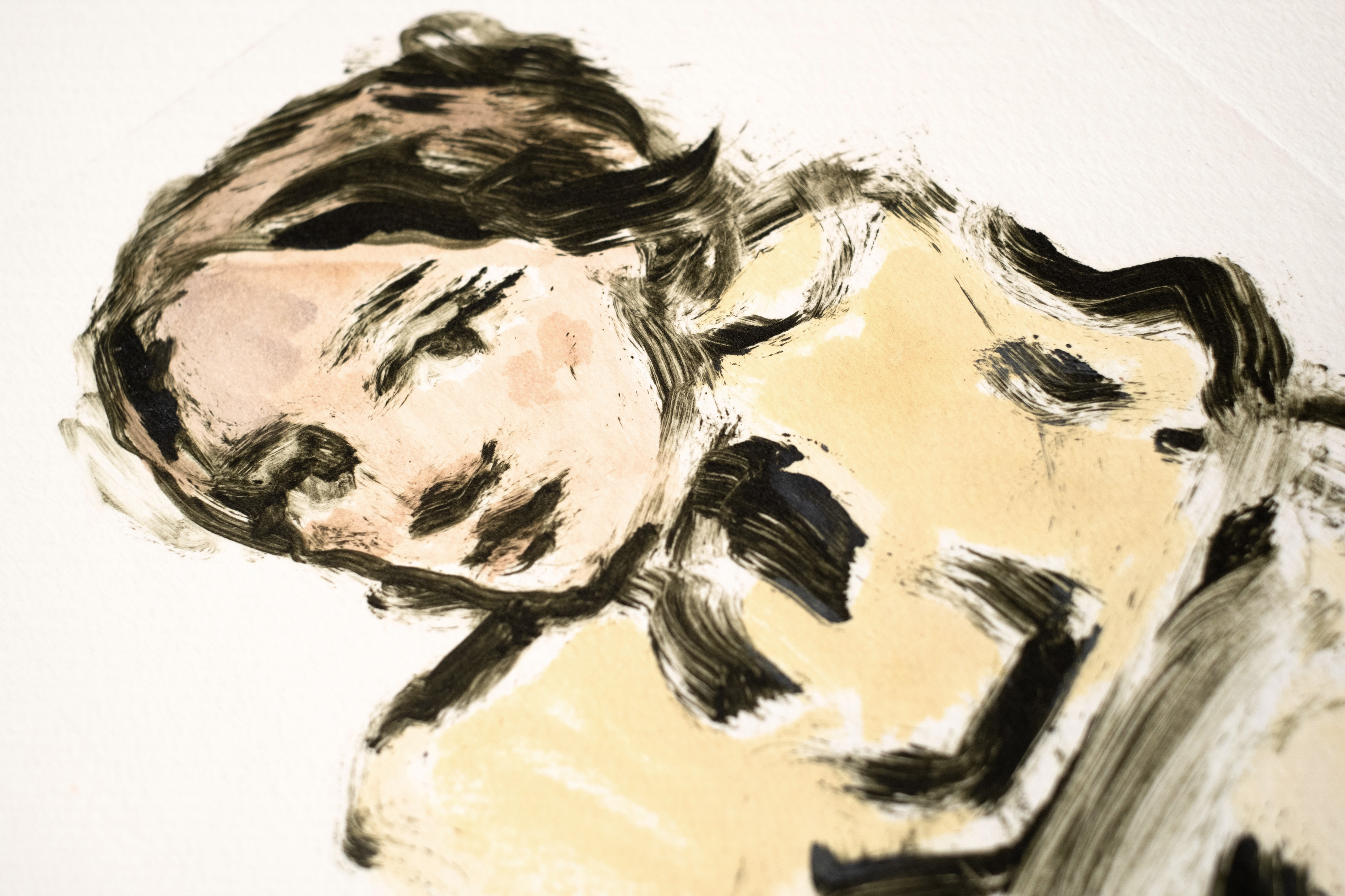 Detail of Liorah Tchiprout's I am a cloud in the high sky: the woman's downcast face and heavy dark brushed hair.