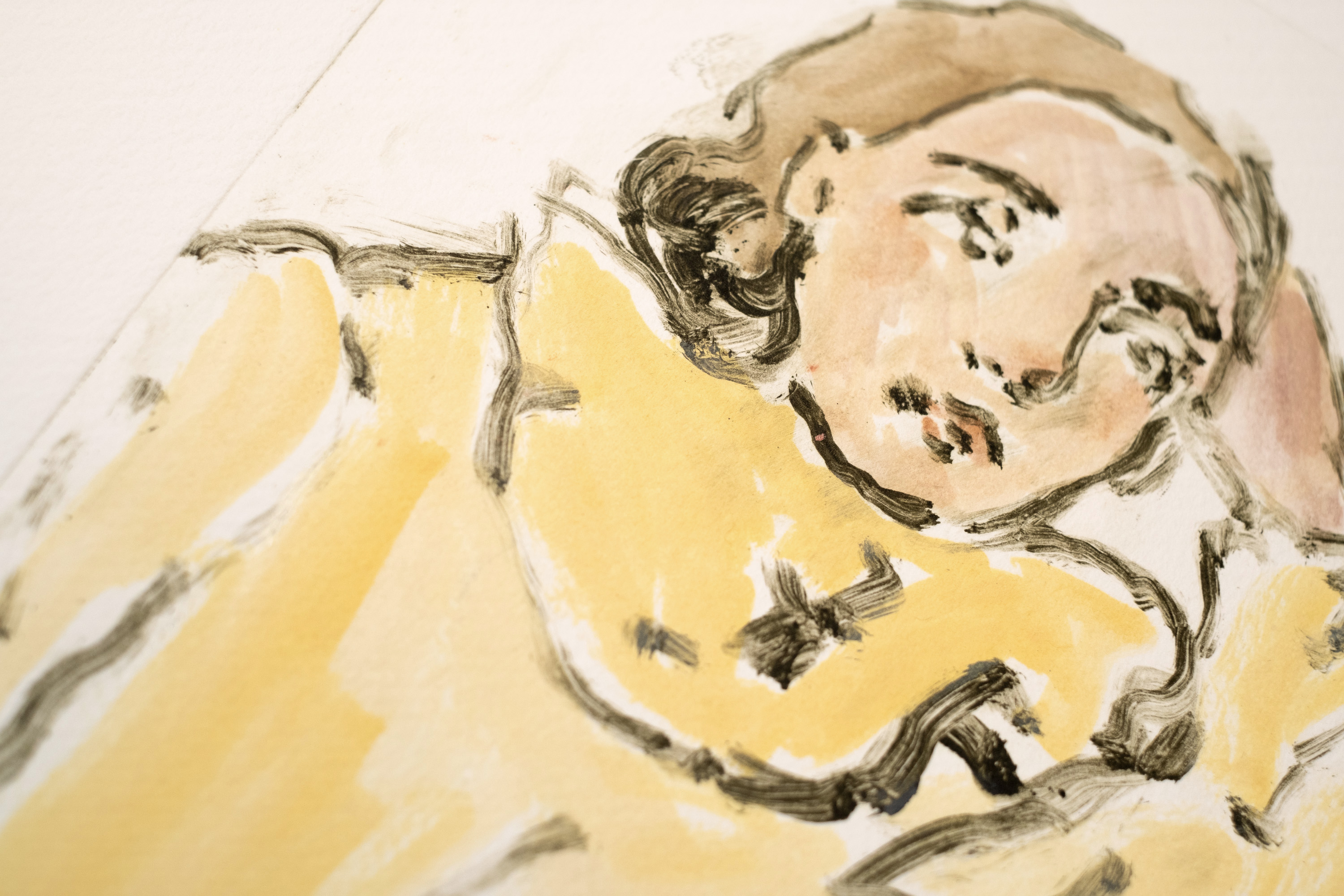Detail of Liorah Tchiprout's Ill fitting and too small: the woman's upturned face above the ruffled yellow collar.