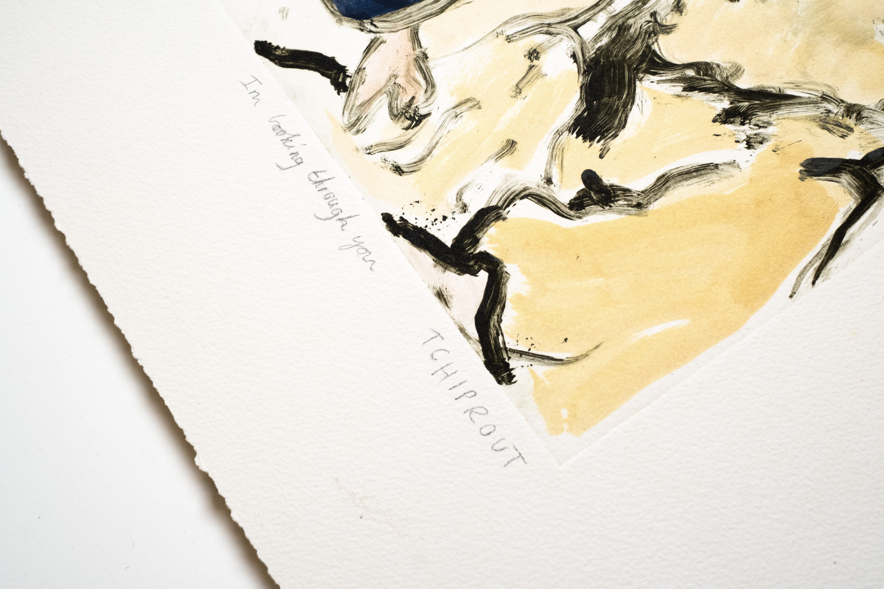 Detail of I'm looking through you: the pencil title and Tchiprout signature below the plate mark, on deckled paper.