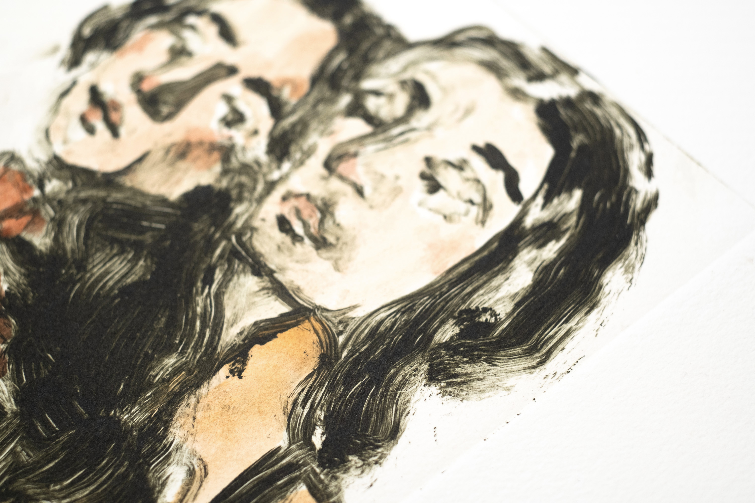 Detail of Liorah Tchiprout's No new water on this earth: the two overlapping faces, both looking off to one side.
