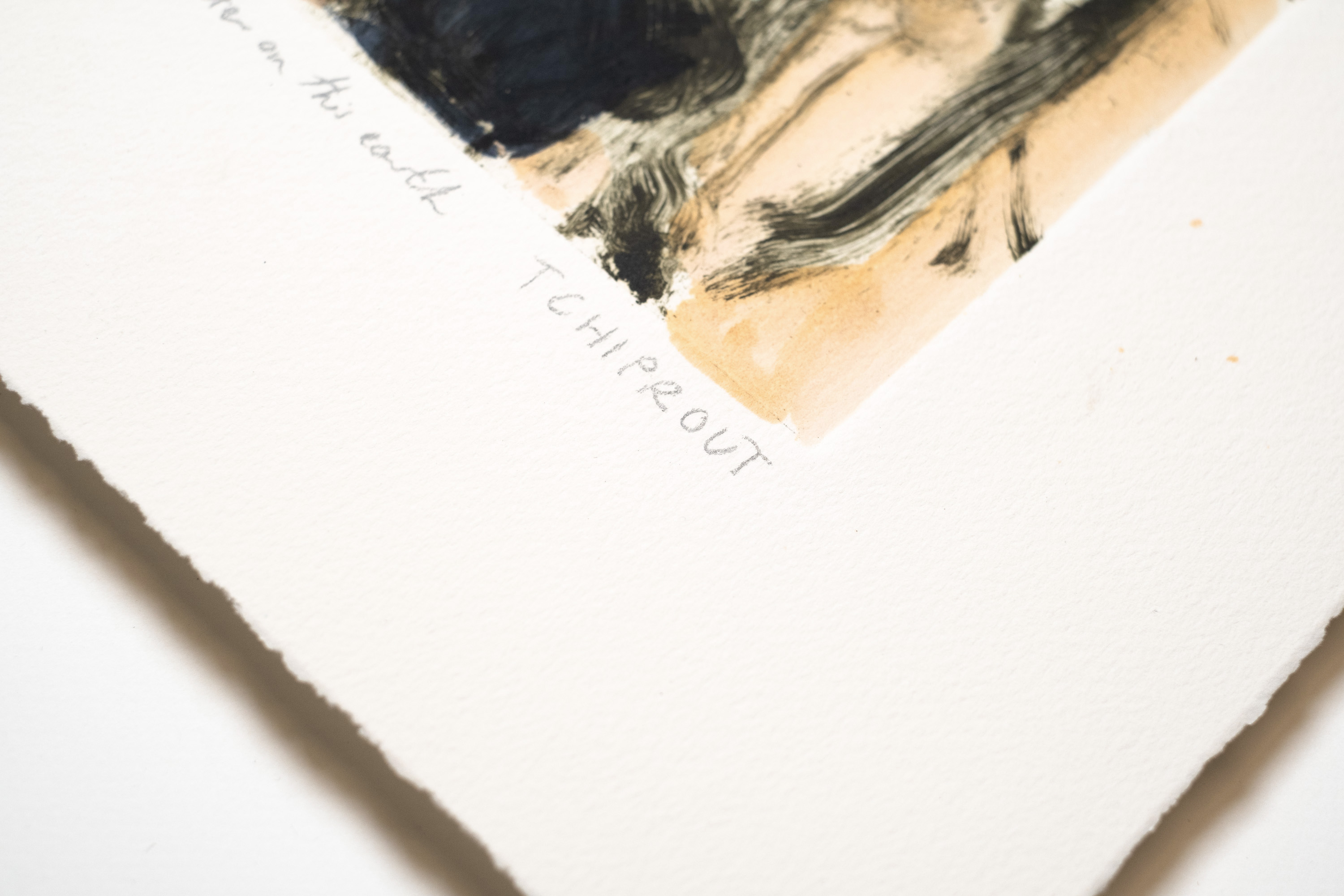 Detail of No new water on this earth: the pencil title and Tchiprout signature below the plate mark, on deckled paper.