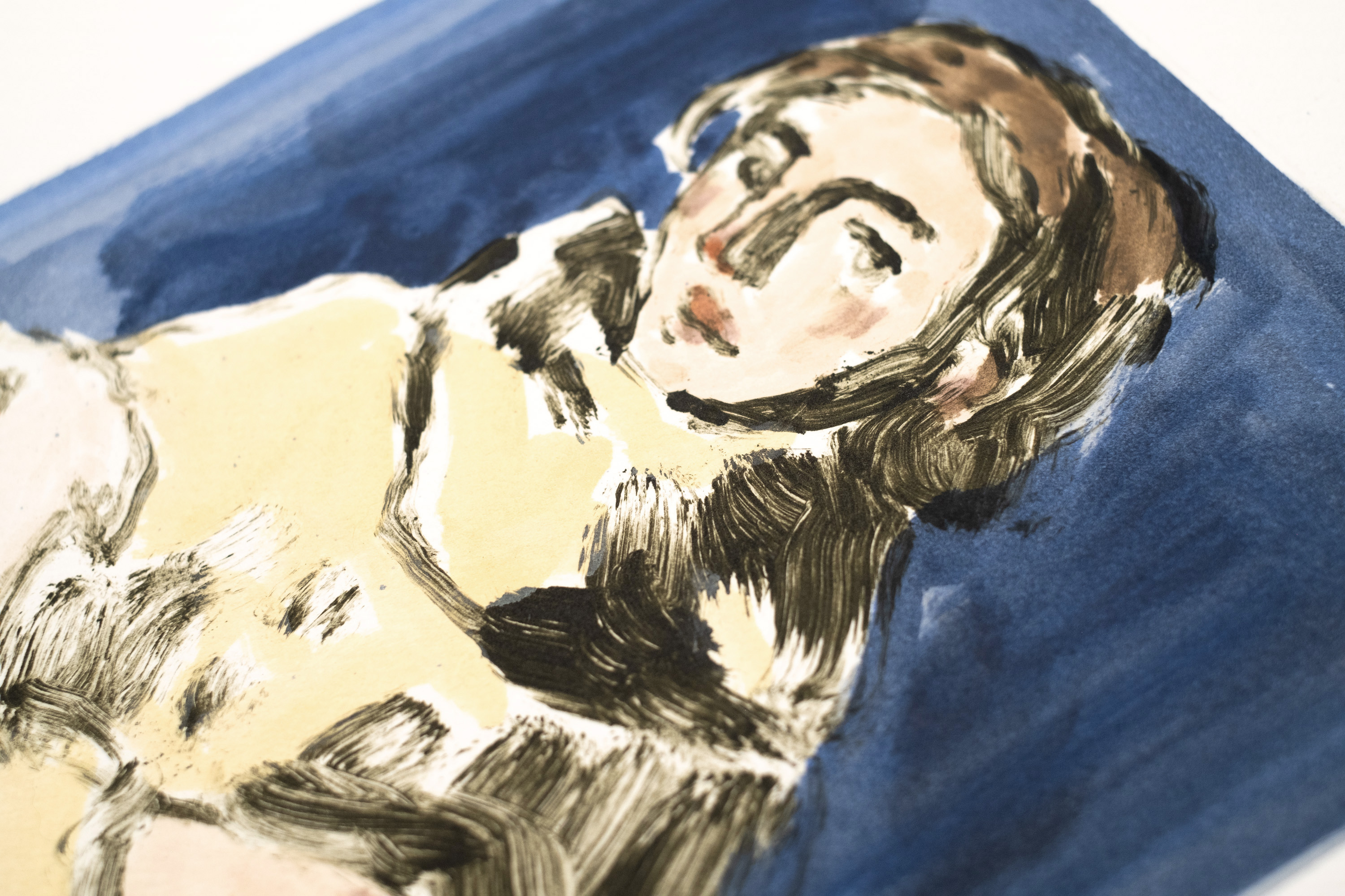 Detail of Liorah Tchiprout's Of all the things they could have made you, they made you beautiful: the woman's face against blue.