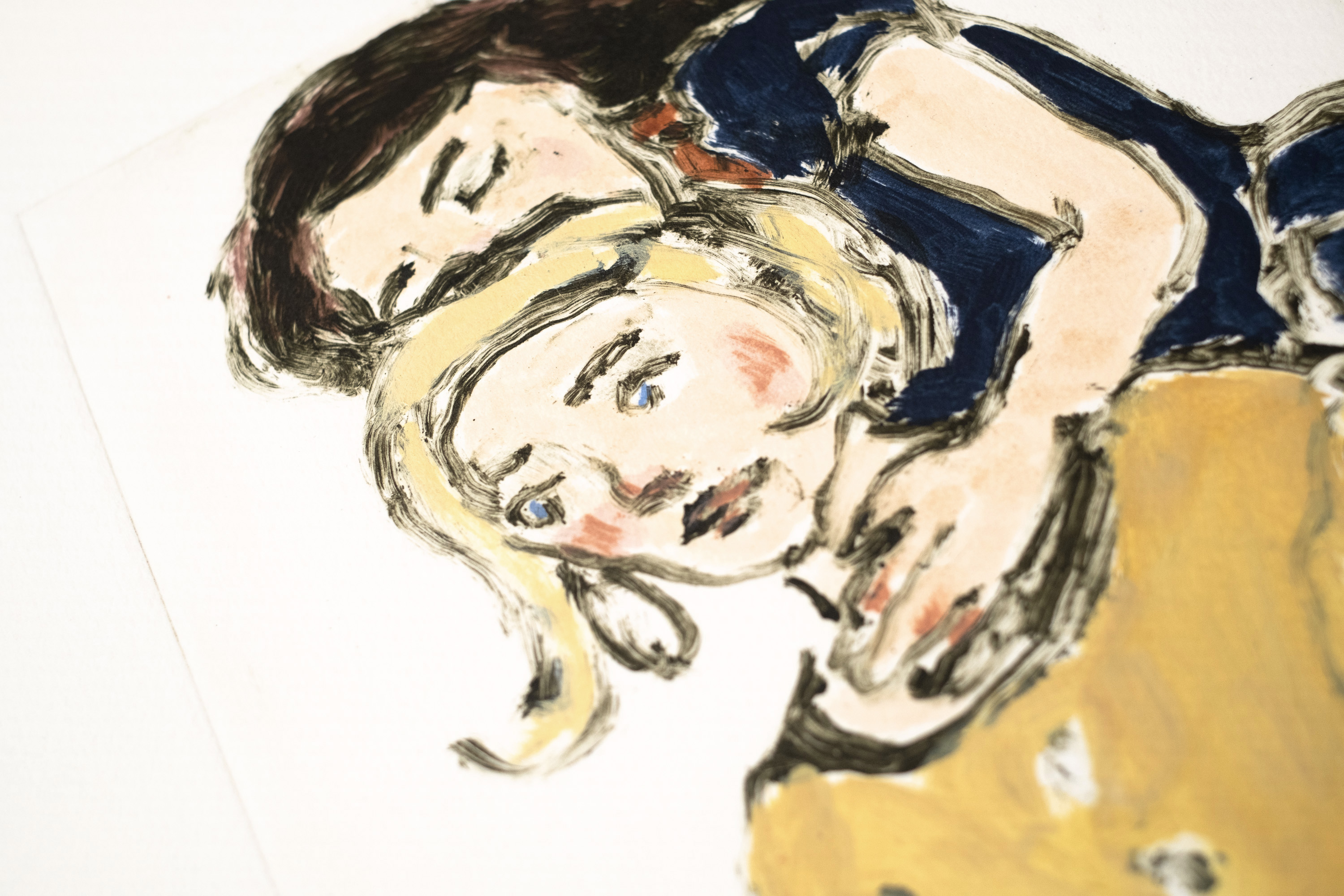 Detail of Liorah Tchiprout's Rest here and count the stars: the blonde woman's blue eyes below the other's lowered face.