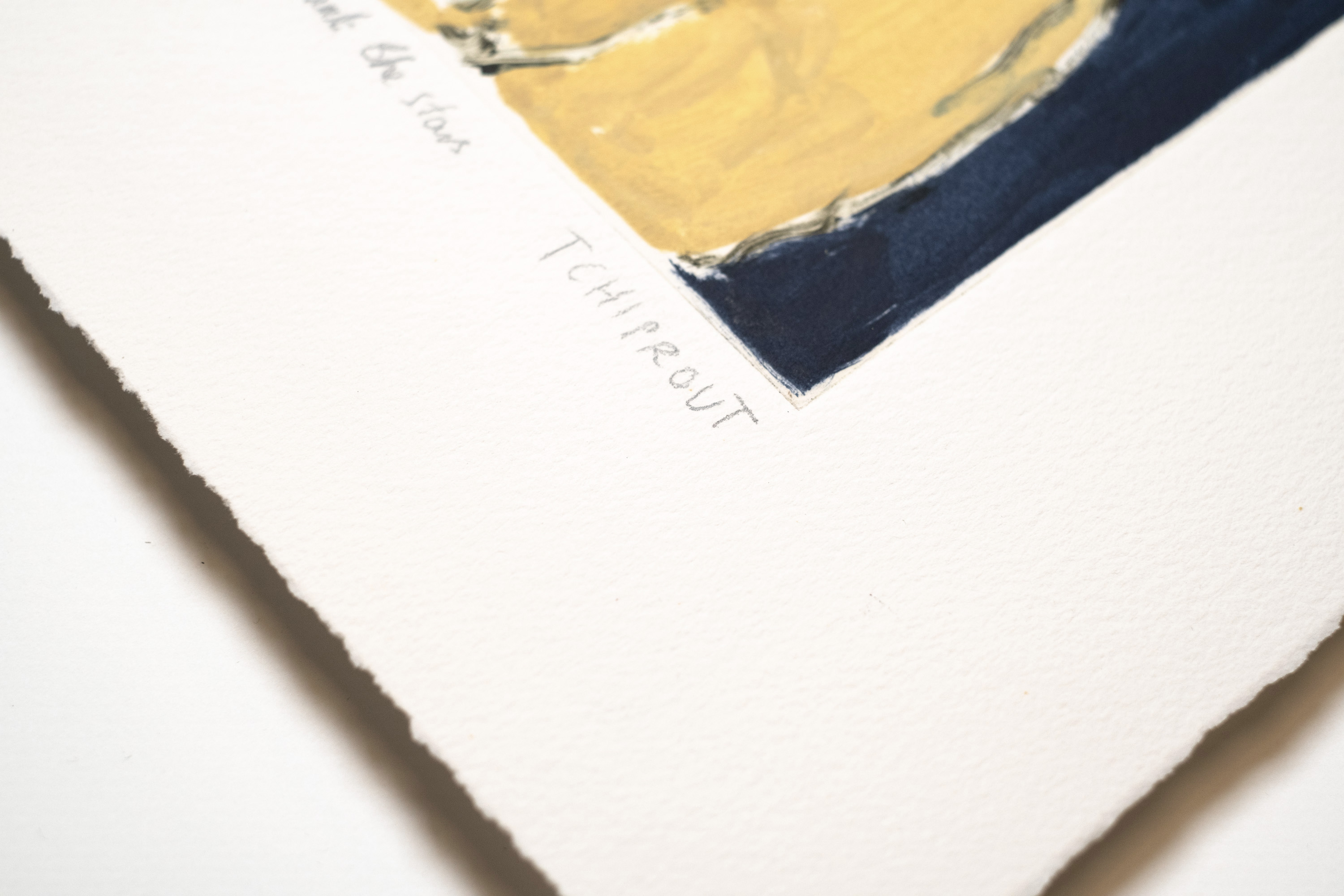 Detail of Rest here and count the stars: the pencil title and Tchiprout signature below the plate mark, on deckled paper.