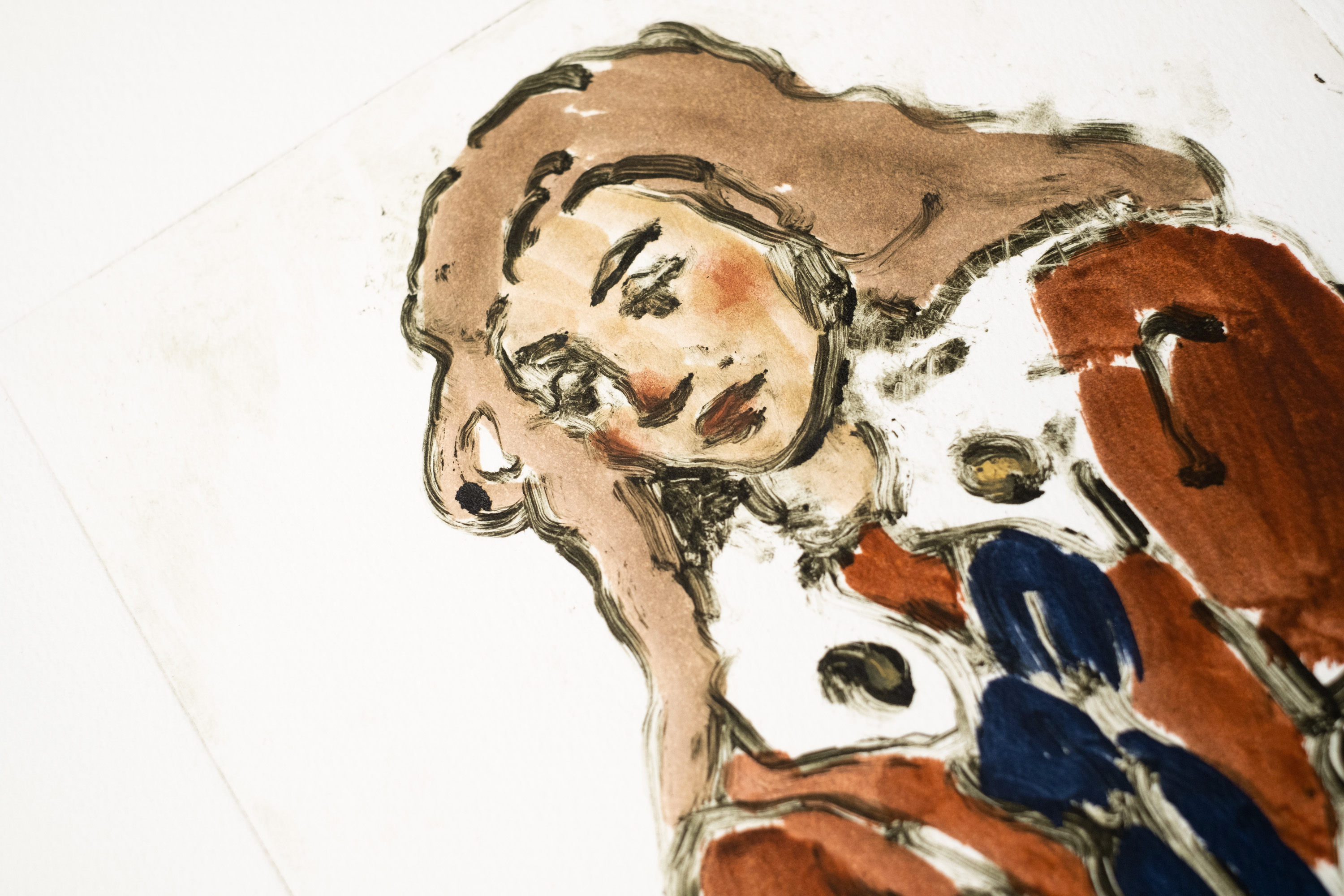 Detail of Liorah Tchiprout's Some tender mercies: the woman's lowered face and long fawn hair.