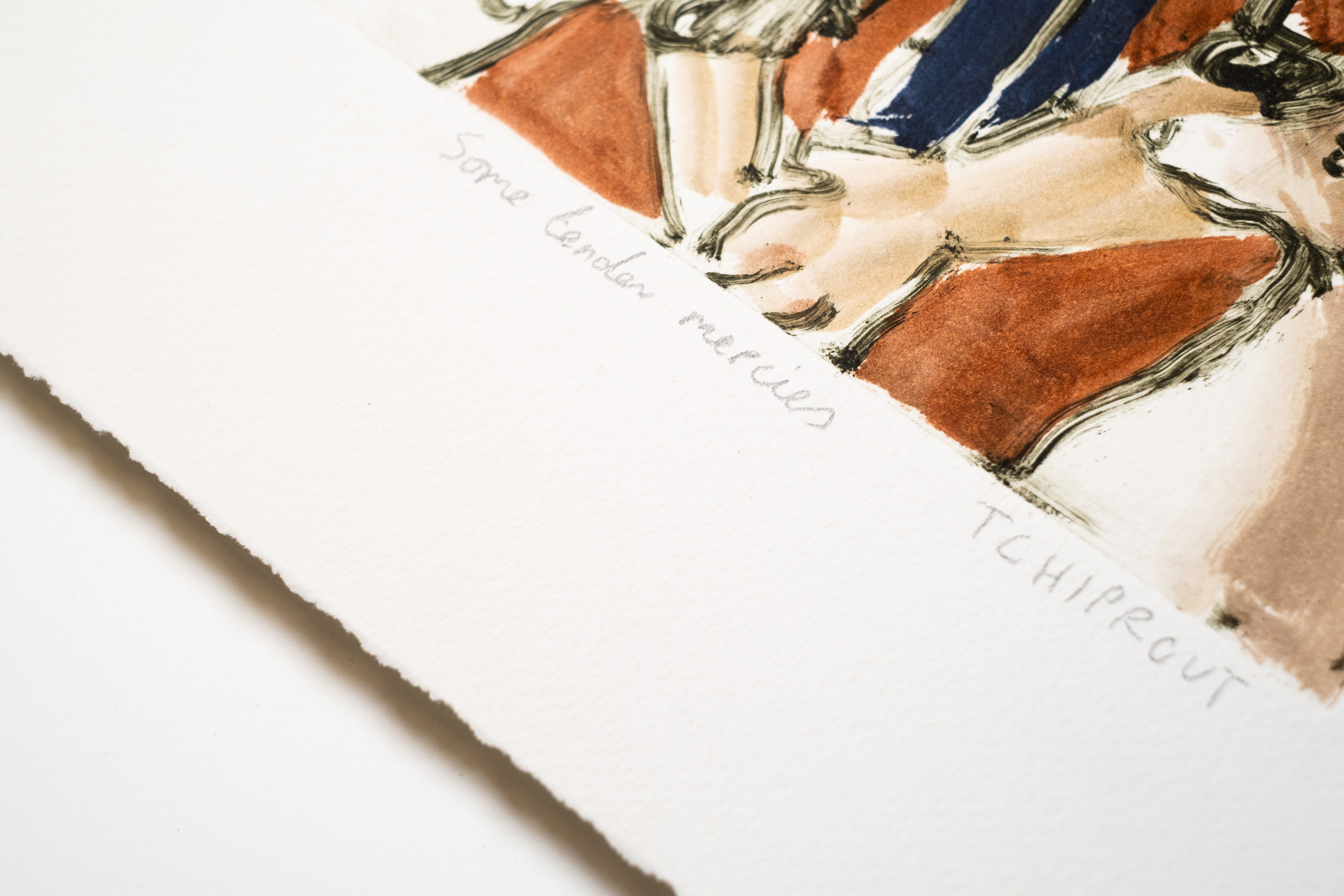 Detail of Some tender mercies: the pencil title and Tchiprout signature below the plate mark, on deckled paper.