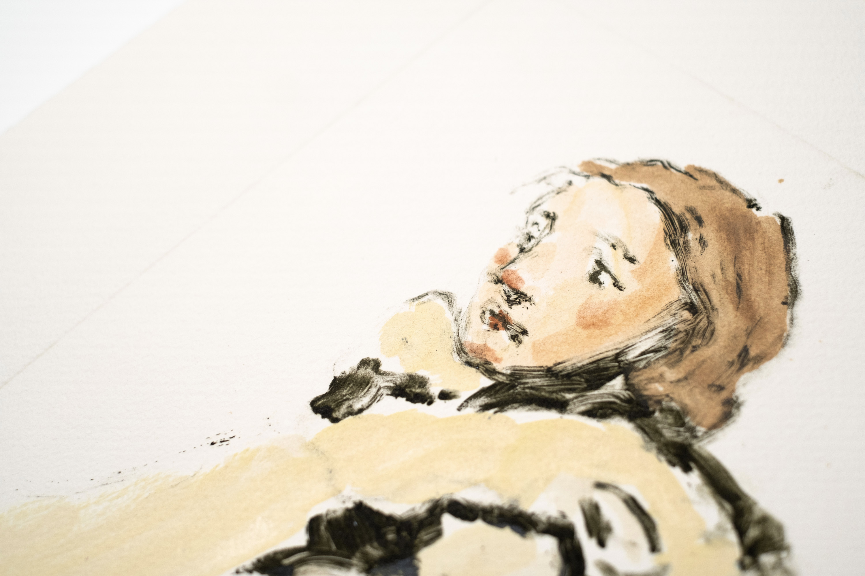 Detail of Liorah Tchiprout's Take it, it's yours: the woman's face turned back, flushed cheeks above the collar.