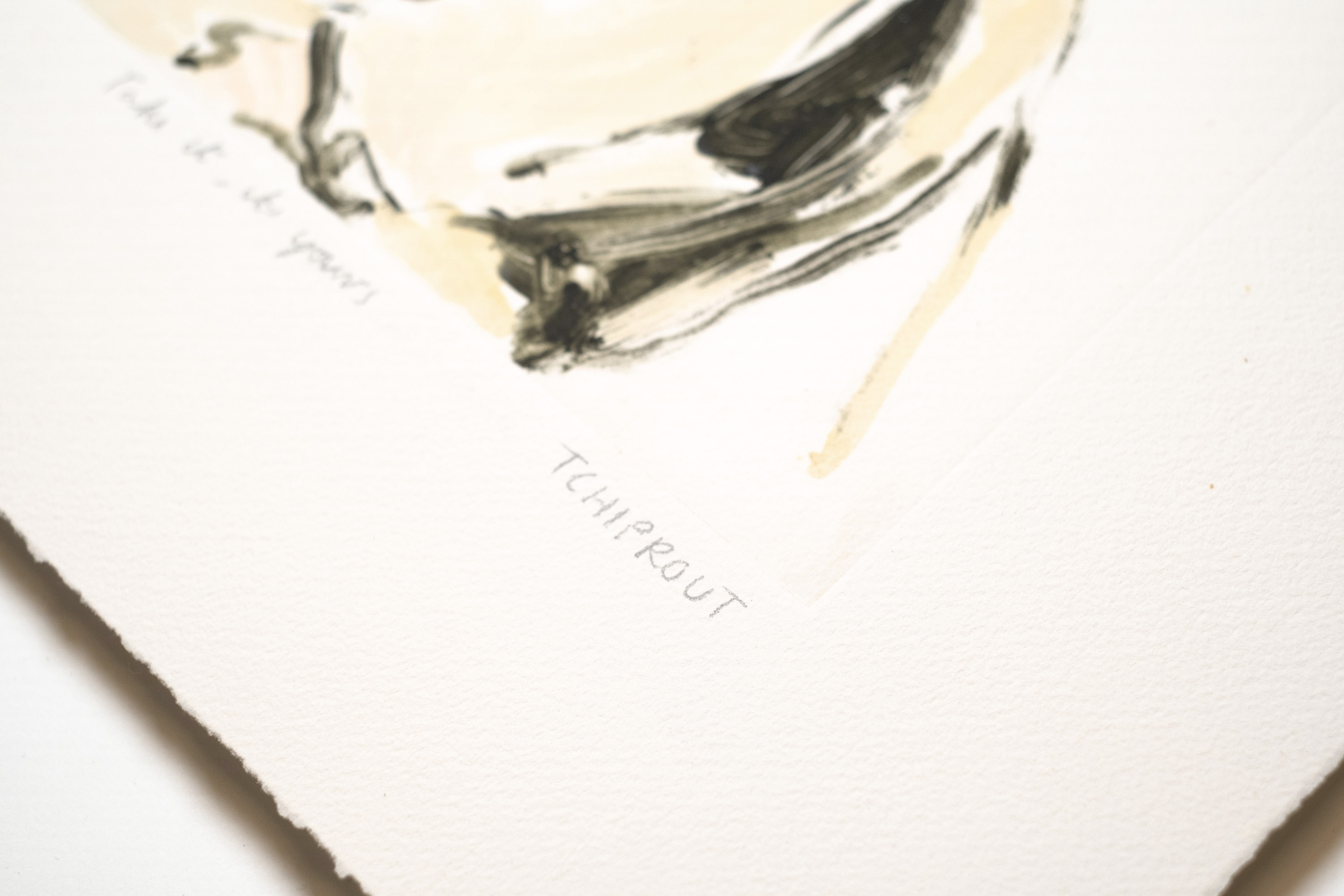 Detail of Take it, it's yours: the pencil title and Tchiprout signature below the plate mark, on deckled paper.