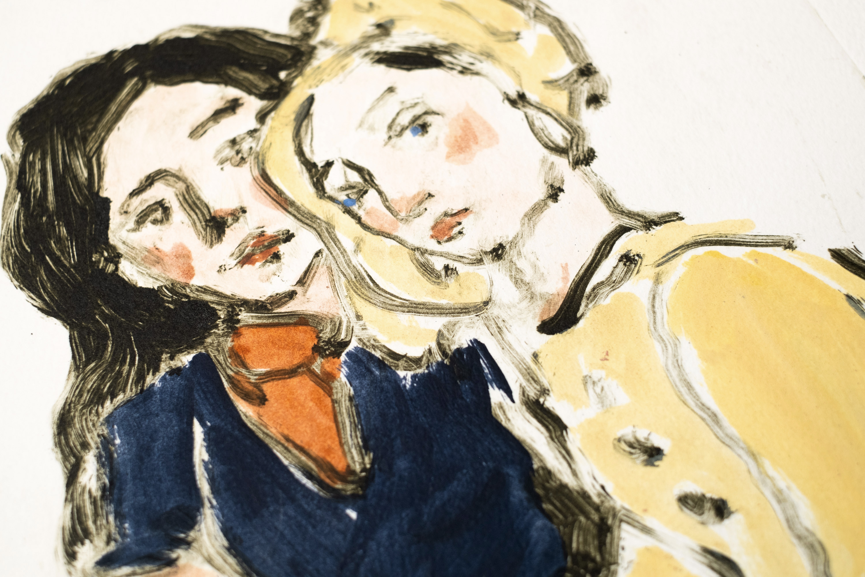 Detail of Liorah Tchiprout's The only difference, is you're down there: the two faces side by side, the blonde's blue eyes.