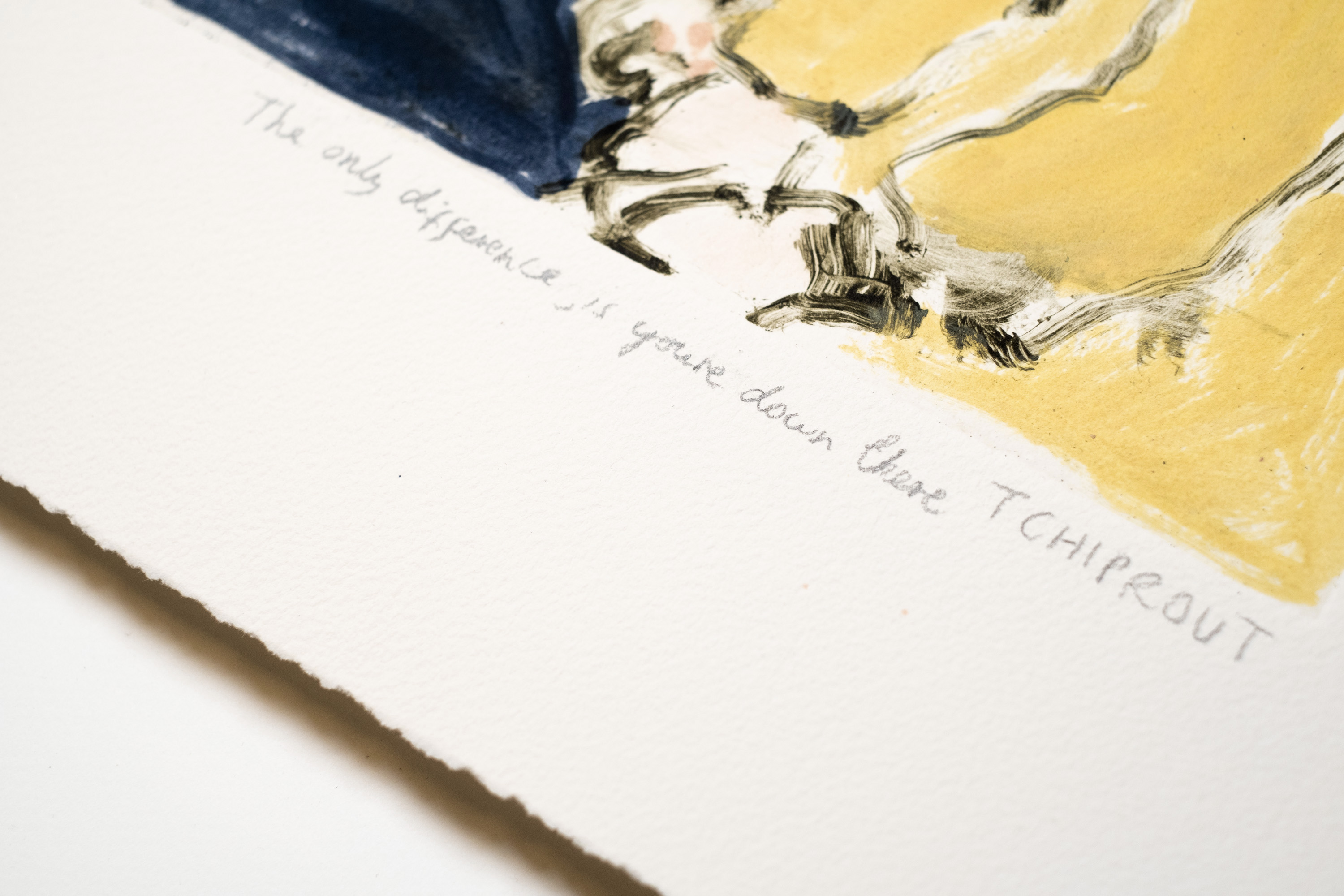Detail of The only difference, is you're down there: the pencil title and Tchiprout signature below the plate mark.