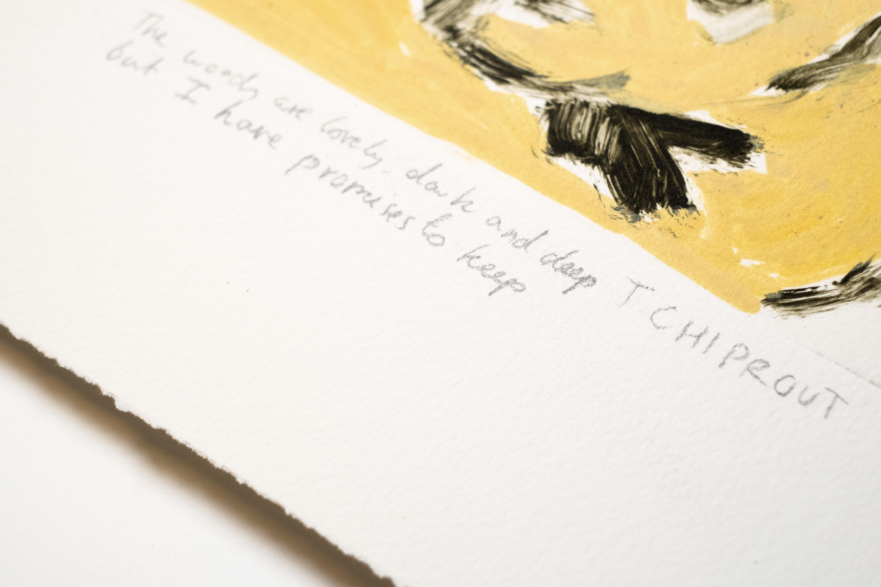 Detail of The woods are lovely, dark and deep but I have promises to keep: the two-line pencil title and Tchiprout signature.